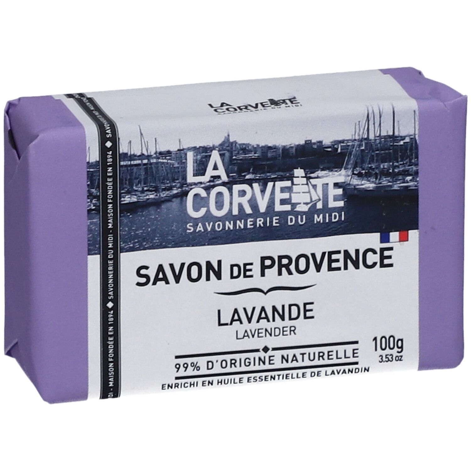 Savon Savon de Provence Lavande emballé en violet. Inscription "100g" sur l'emballage.