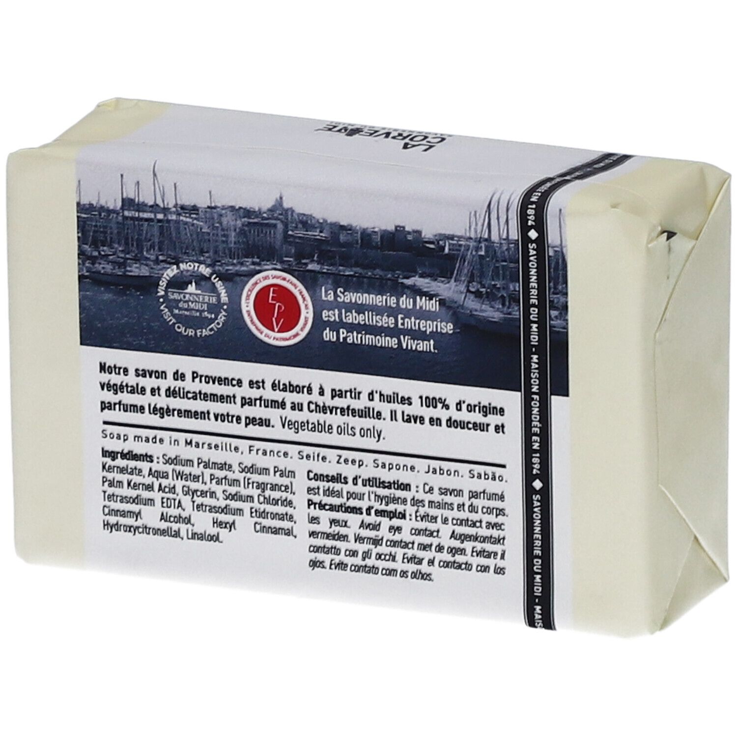 Savon emballé. Verso avec texte et logo. Texte: Savon de Provence, Chèvrefeuille. Certification.