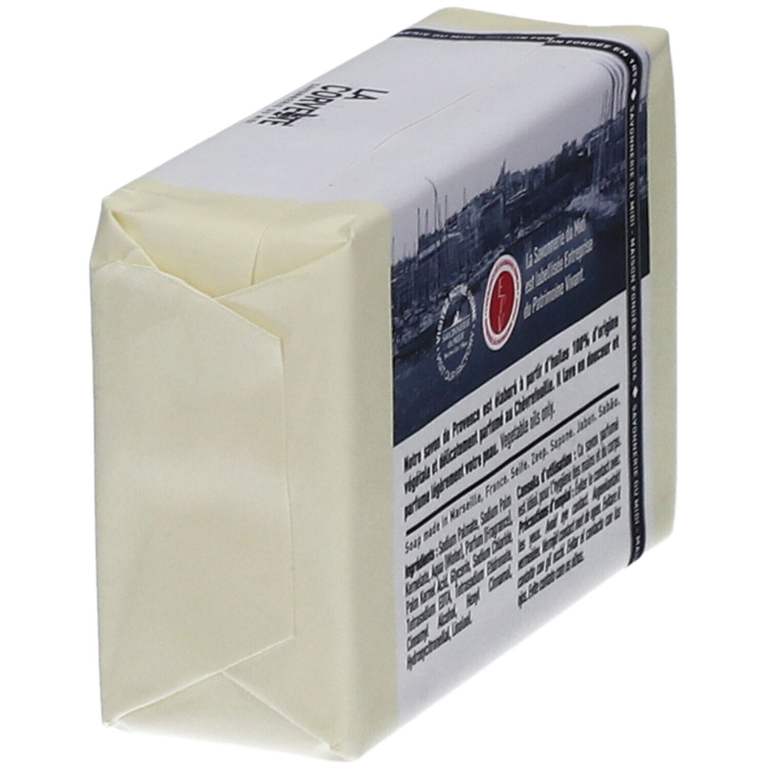 Savon emballé. Verso avec texte et logo. Texte: Savon de Provence, Chèvrefeuille. Certification.