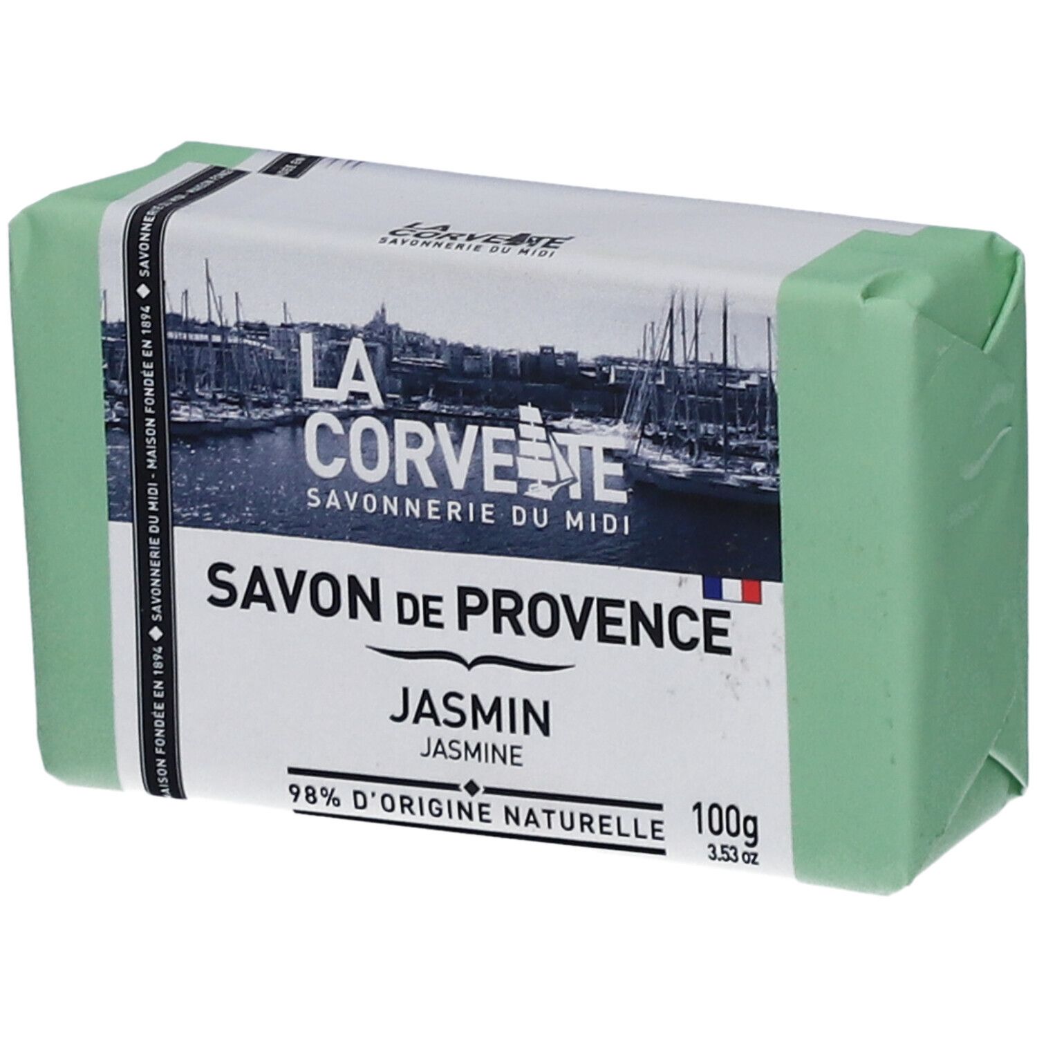 Grünes Seifenstück in Papierverpackung. Aufschrift: LA CORVETTE Savon de Provence Jasmin. 100g, 98% natürliche Herkunft.