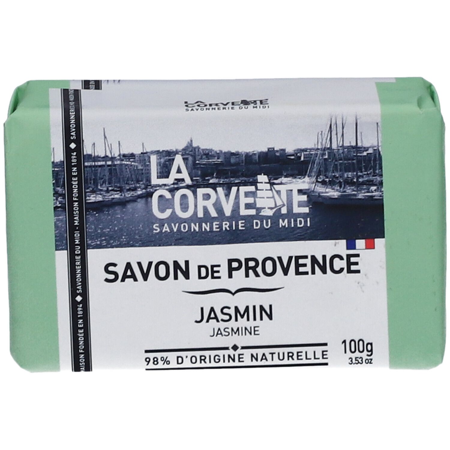 Grünes Seifenstück in Papierverpackung. Aufschrift: LA CORVETTE Savon de Provence Jasmin. 100g, 98% natürliche Herkunft.