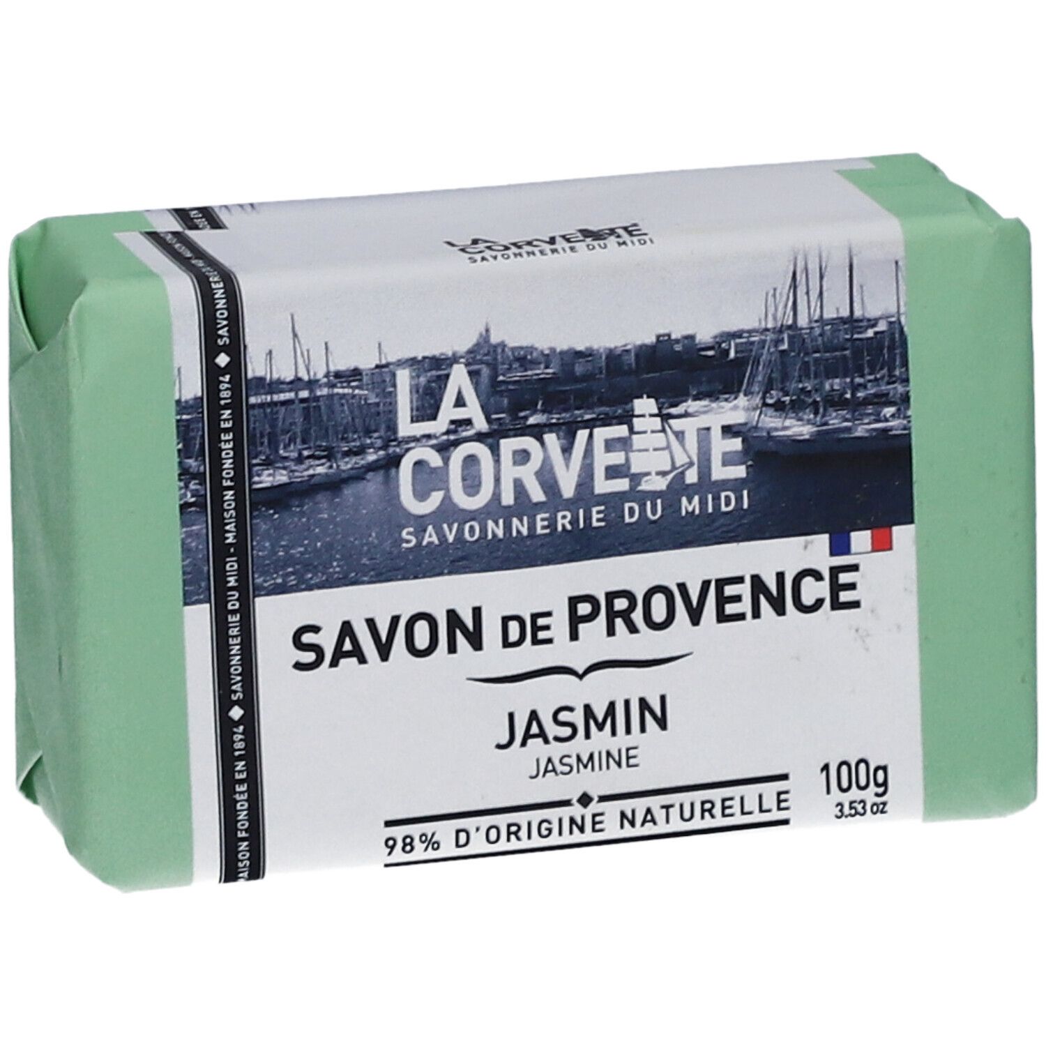Grünes Seifenstück in Papierverpackung. Aufschrift: LA CORVETTE Savon de Provence Jasmin. 100g, 98% natürliche Herkunft.