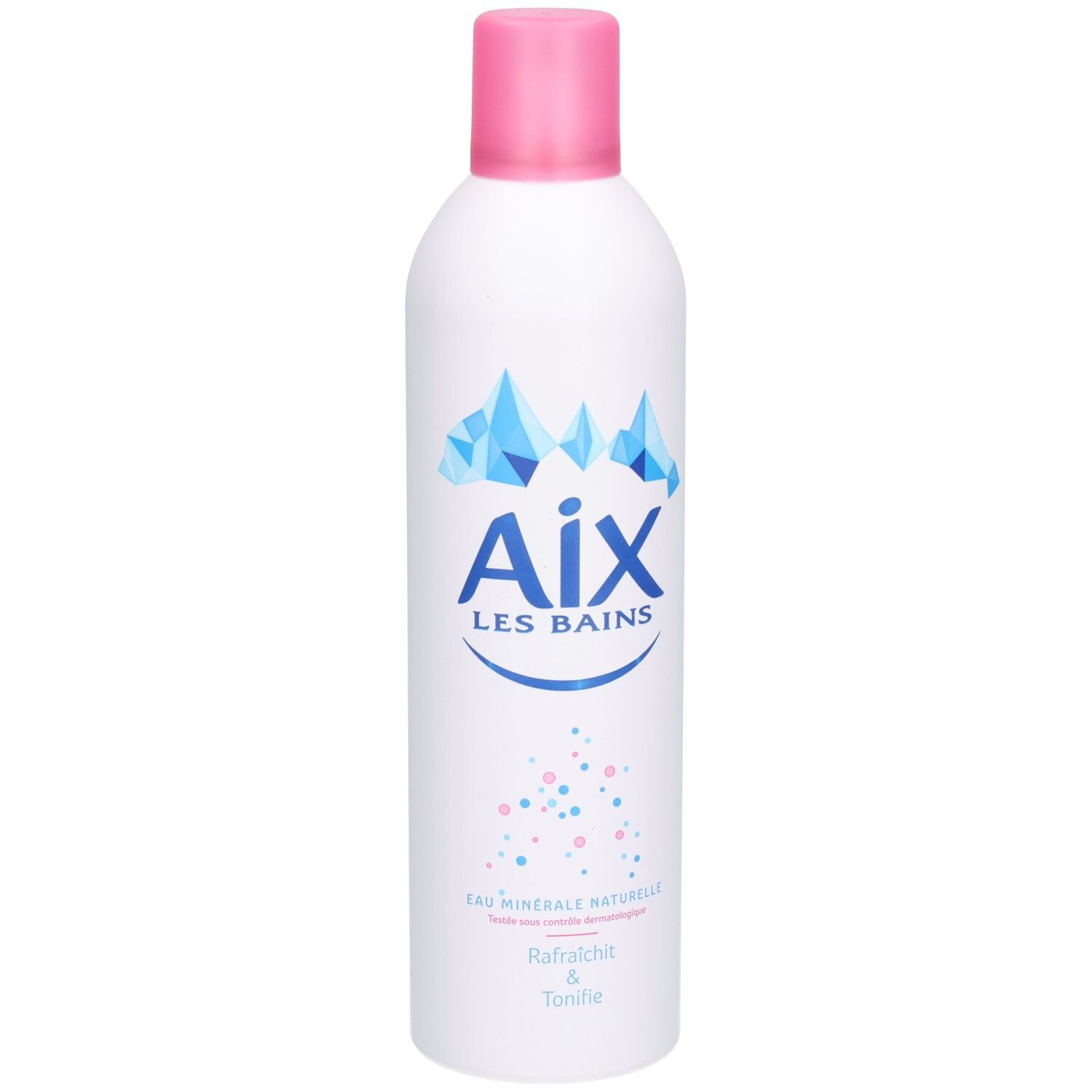 Weißes Aerosol mit rosa Deckel. Aufschrift: Aix LES BAINS, blaue Kristalle, rosa und blaue Punkte. Text: Eau minérale naturelle.