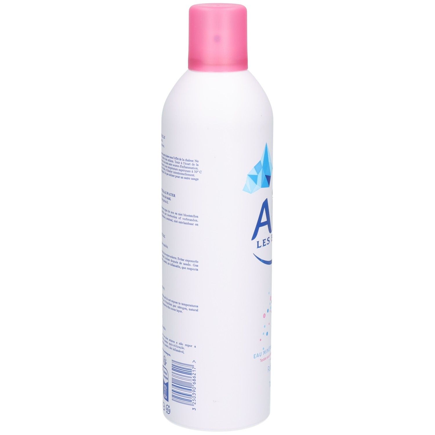 Weißes Aerosol mit rosa Deckel. Seitliche Ansicht. Text und Barcode auf der Rückseite. Produktinformationen in mehreren Sprachen.
