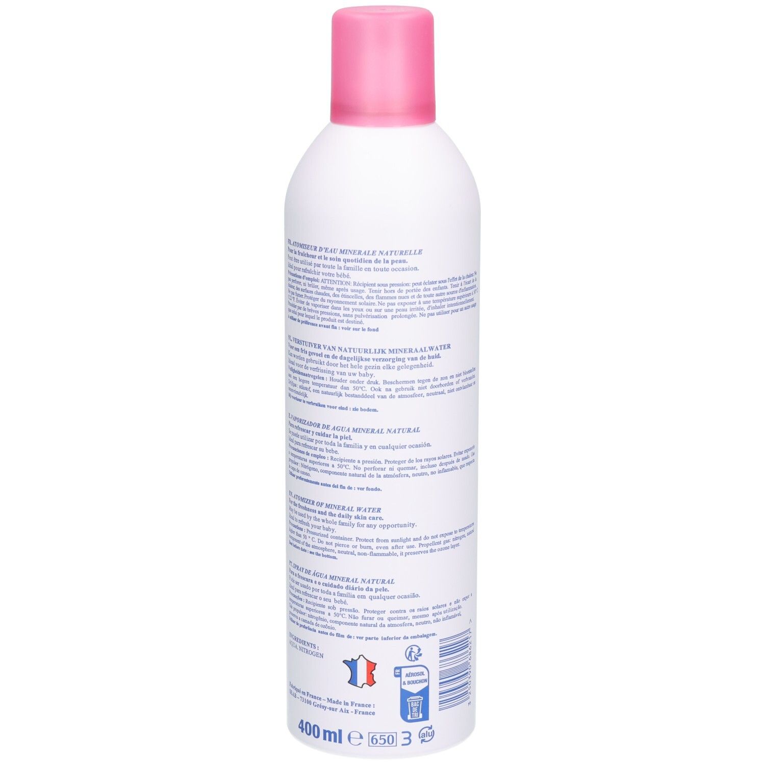 Rückseite des weißen Aerosols mit rosa Deckel. Text in mehreren Sprachen. Volumen: 400 ml. Hergestellt in Frankreich.