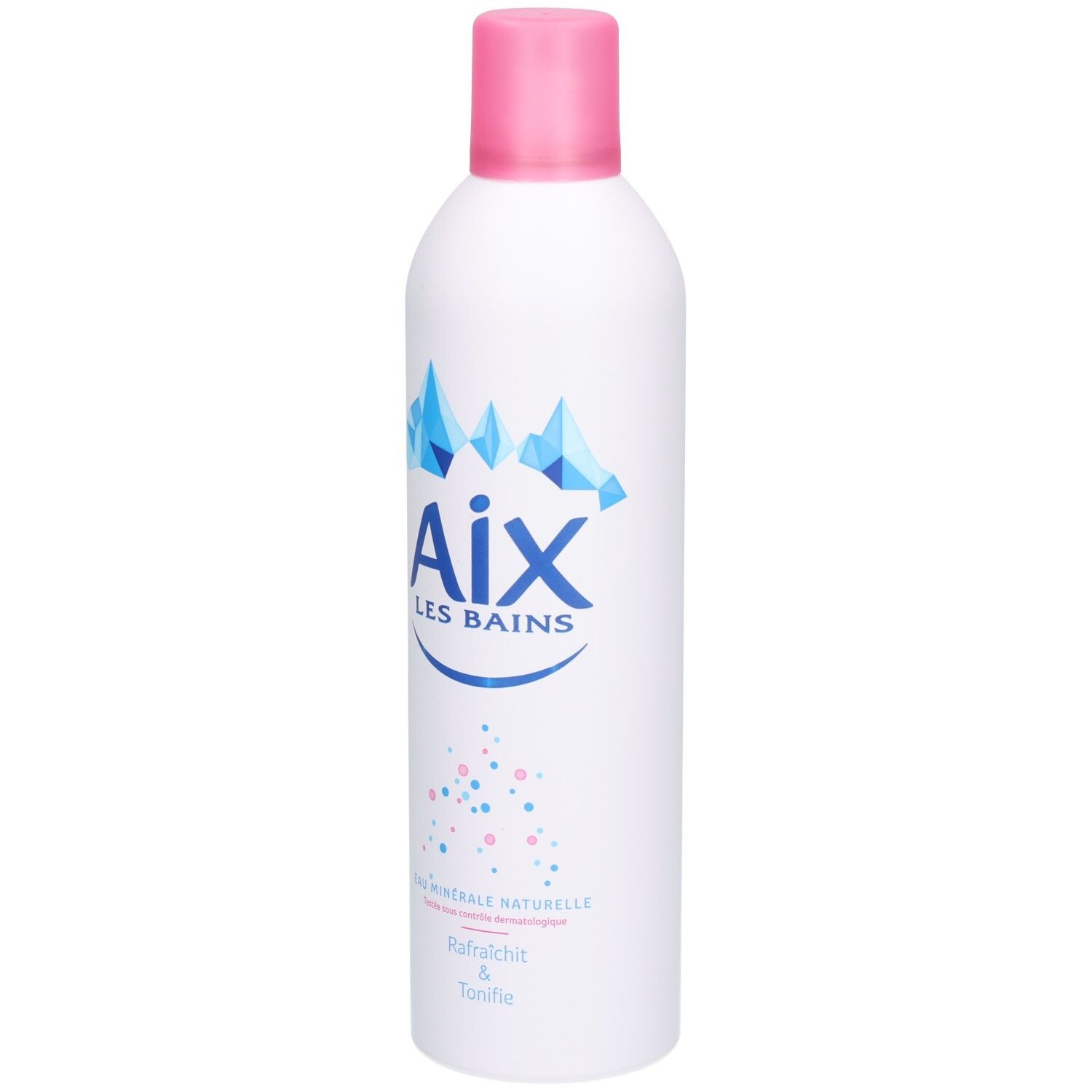 Weißes Aerosol mit rosa Deckel. Aufschrift: Aix LES BAINS, blaue Kristalle, rosa und blaue Punkte. Text: Eau minérale naturelle.