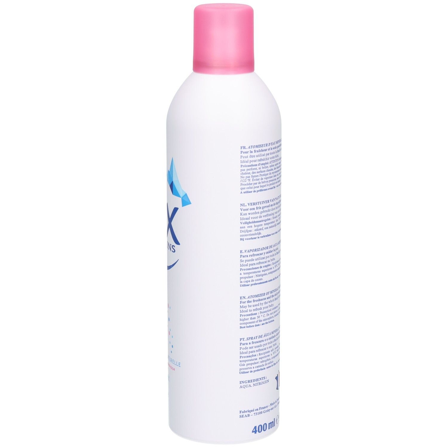 Weißes Aerosol mit rosa Deckel, Seitenansicht. Text in mehreren Sprachen. Volumen: 400 ml. Hergestellt in Frankreich.
