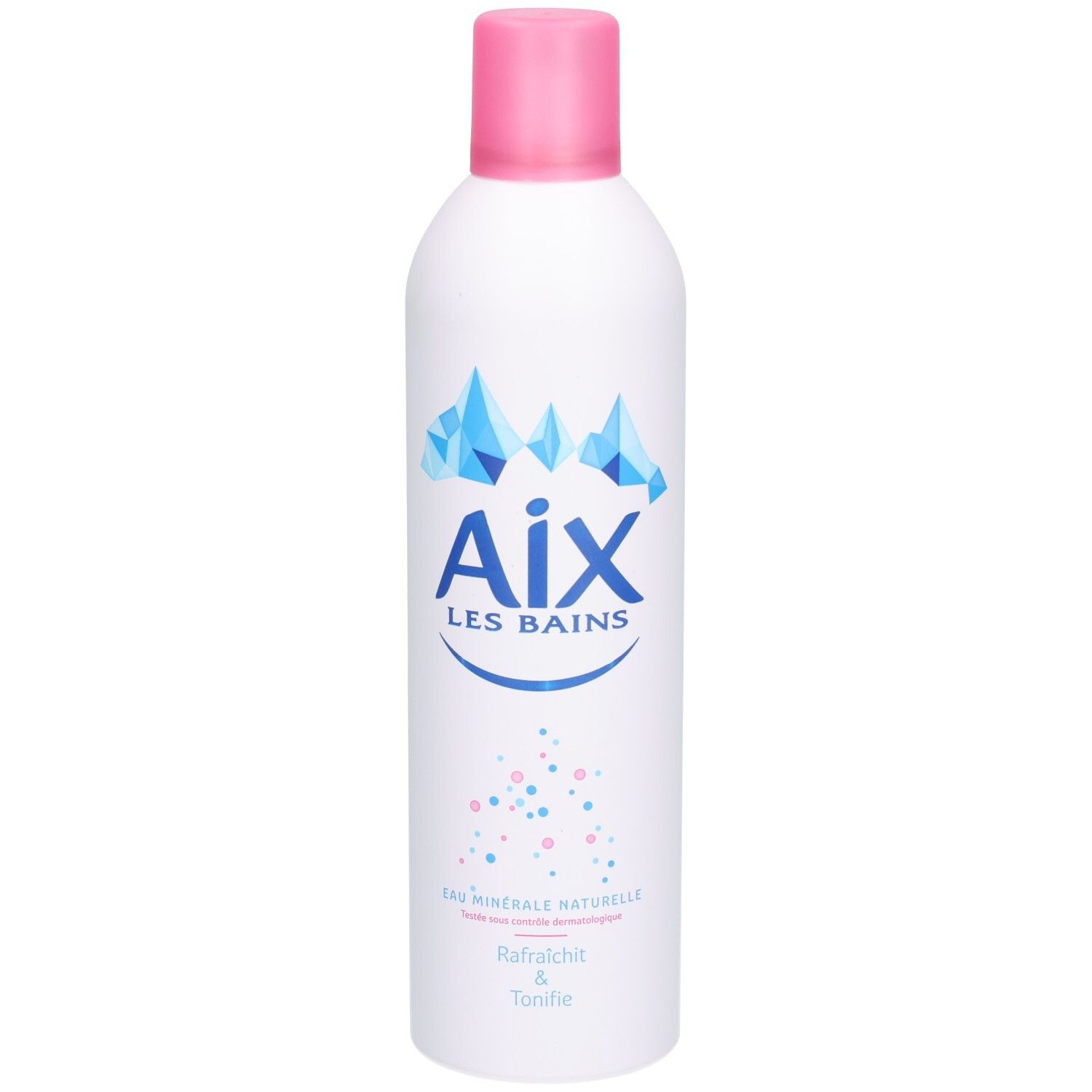 Weißes Aerosol mit rosa Deckel. Aufschrift: Aix LES BAINS, blaue Kristalle, rosa und blaue Punkte. Text: Eau minérale naturelle.