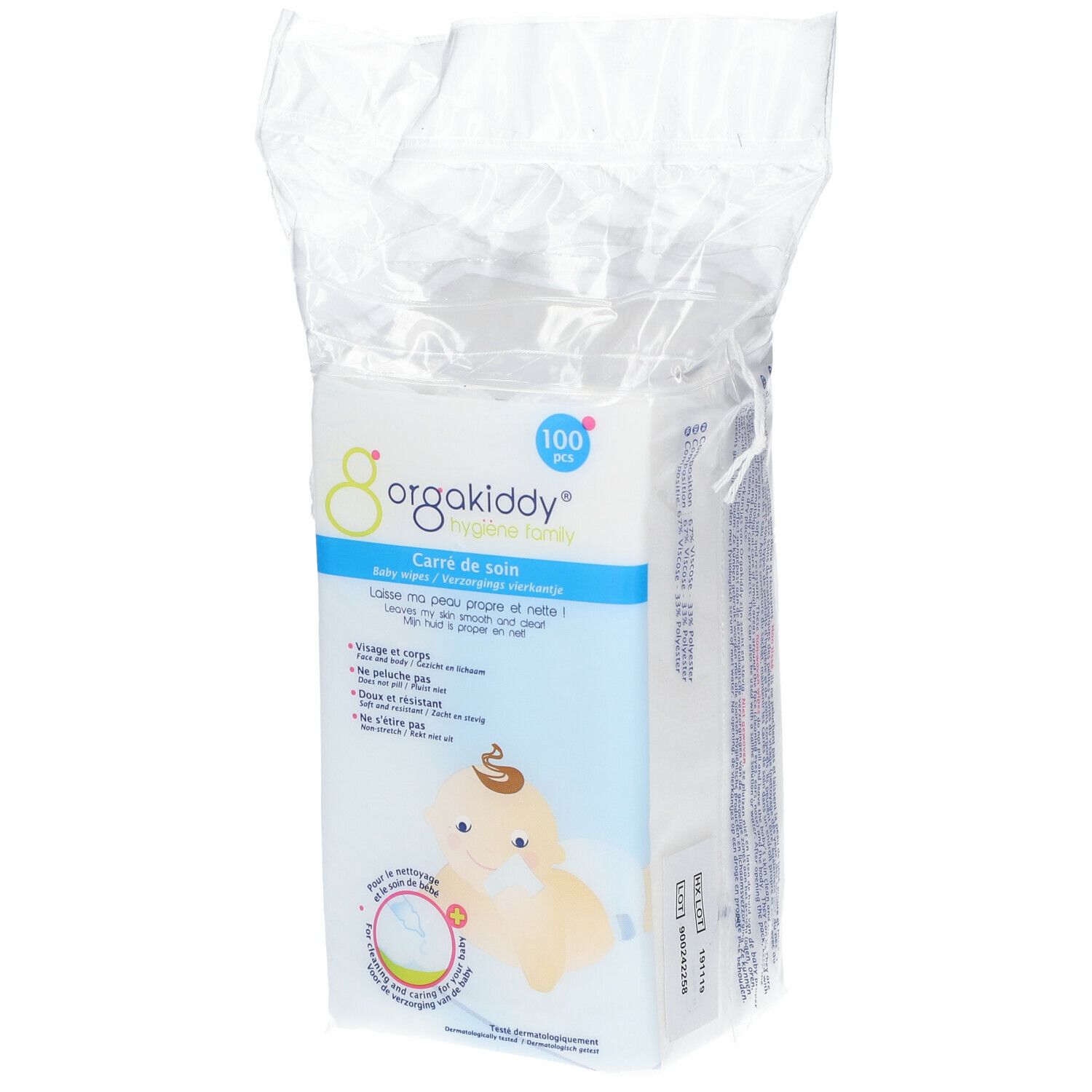 Paquet de lingettes orgakiddy®. Inscription: 100 pièces. Texte en français. Illustration de bébé.