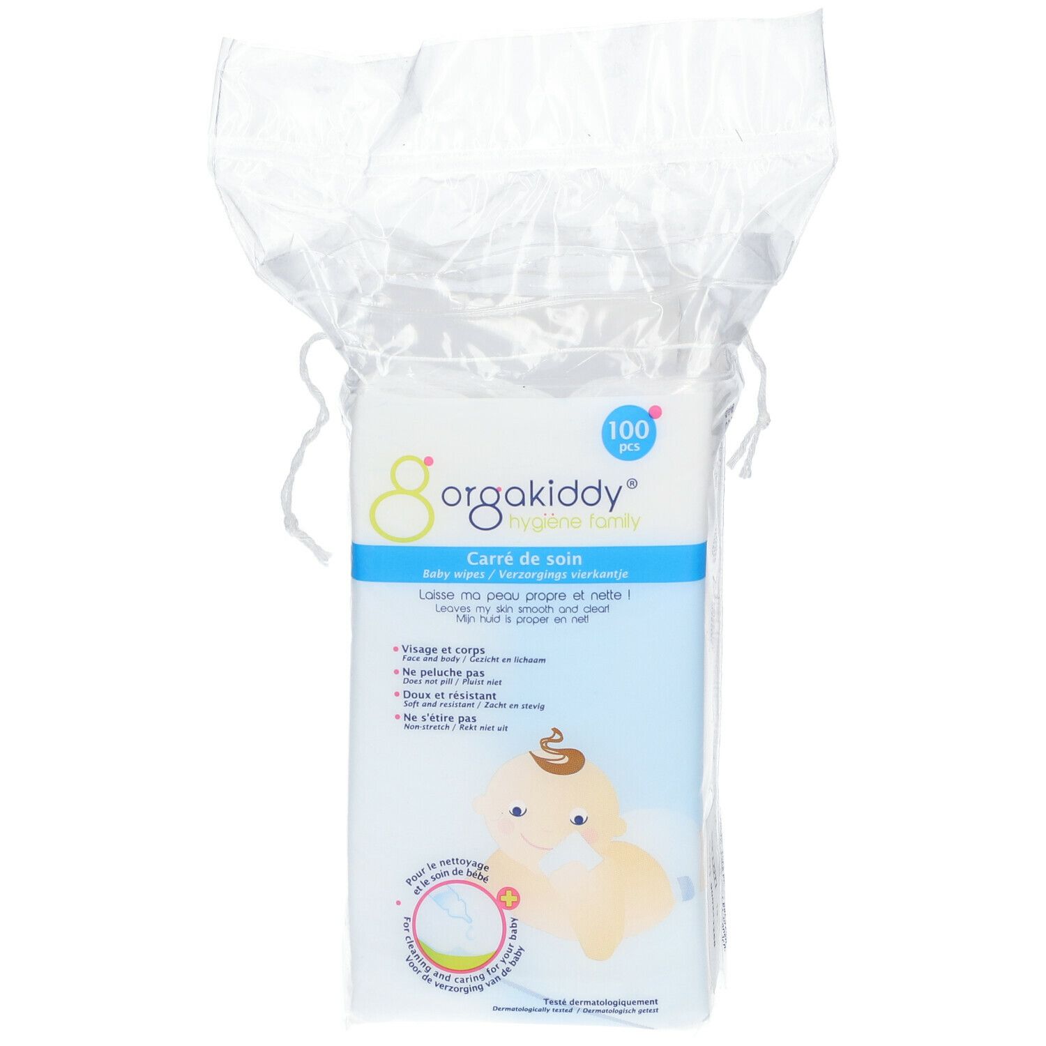 Paquet de lingettes orgakiddy®. Inscription: 100 pièces. Texte en français. Illustration de bébé.