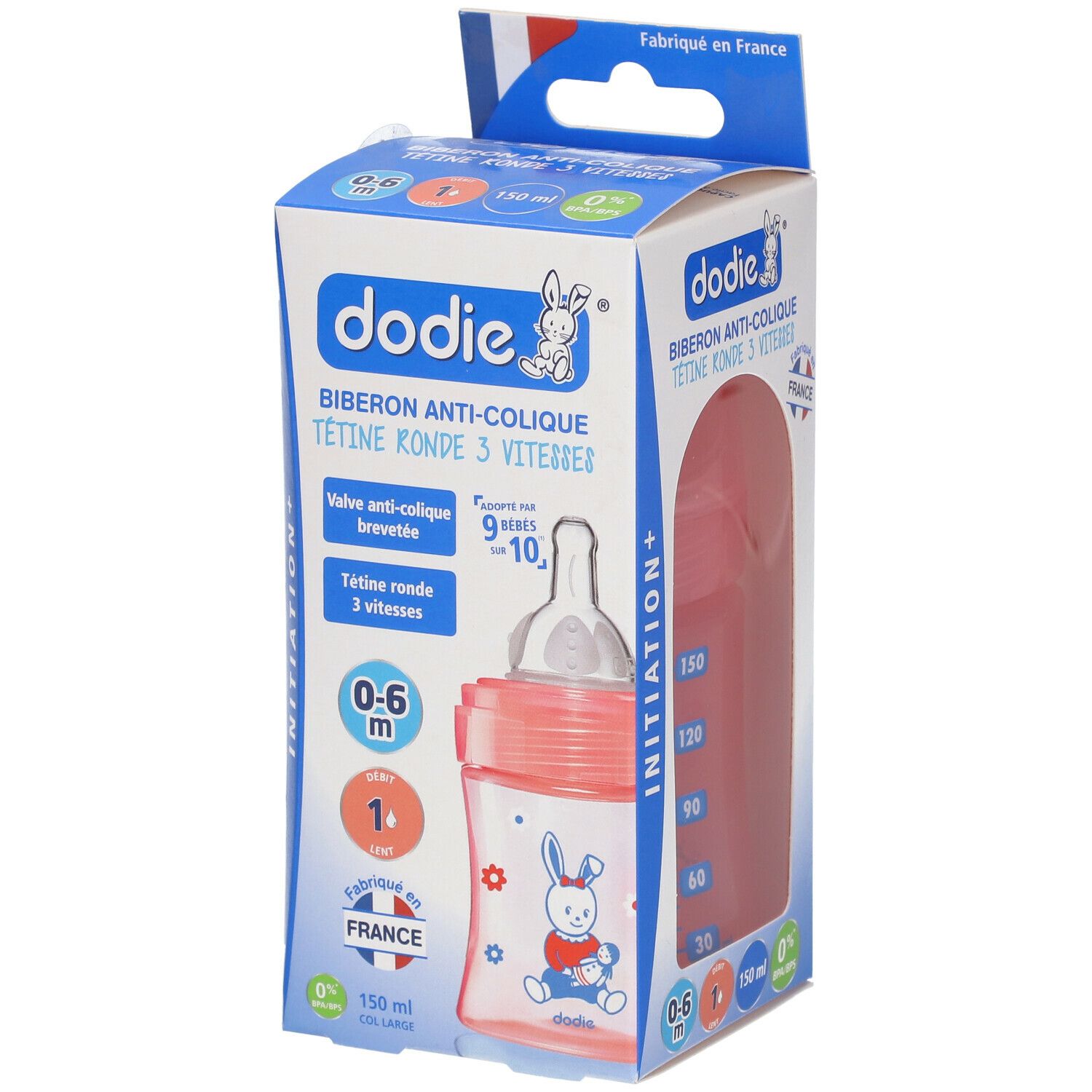dodie® Biberon Initiation+ 150 ml Rose poupée tétine débit 1