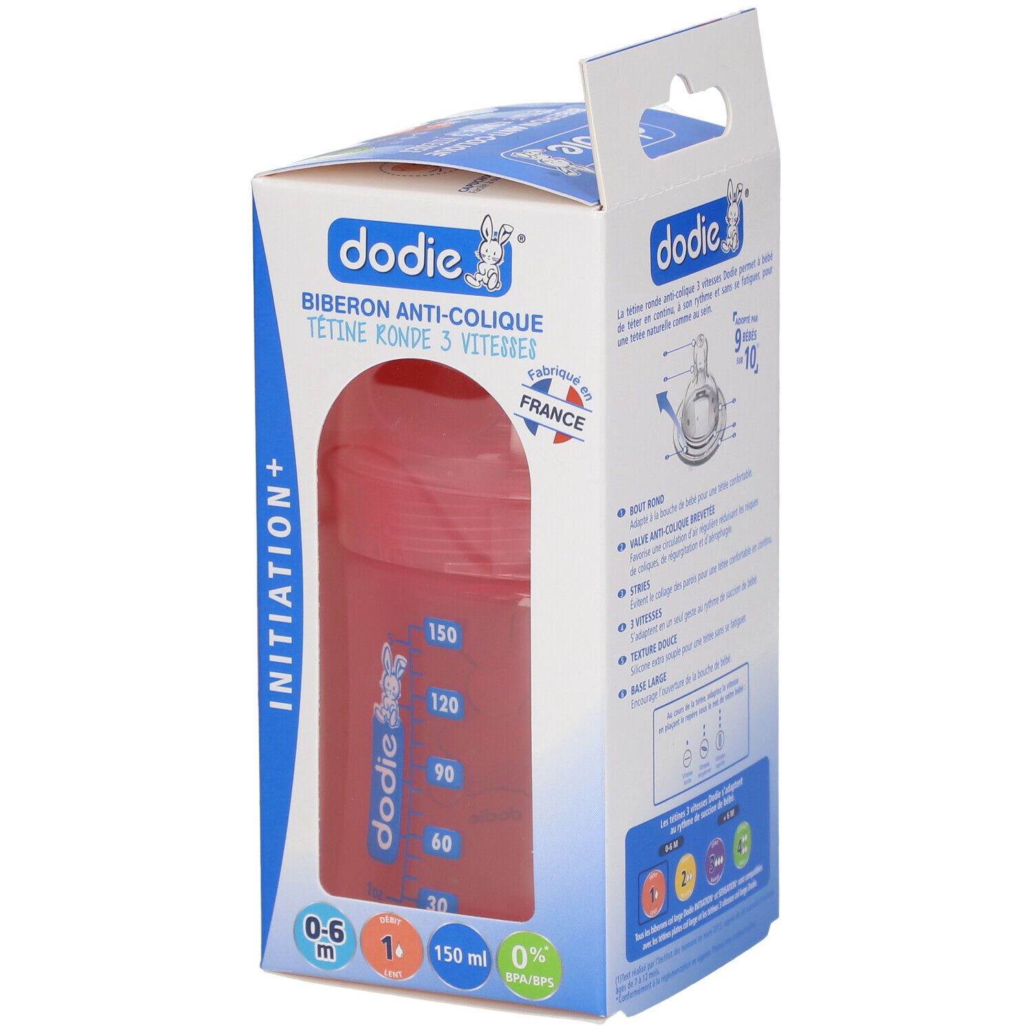 dodie® Biberon Initiation+ 150 ml Rose poupée tétine débit 1
