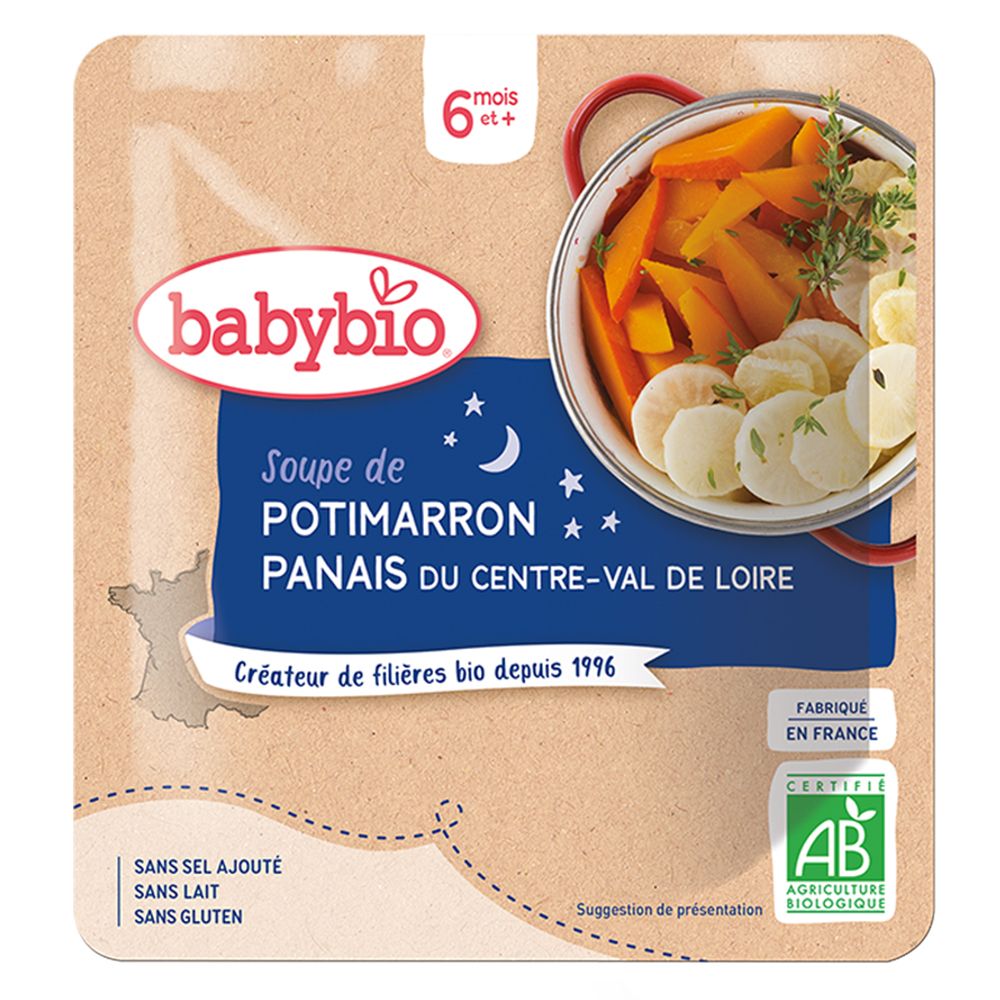Babybio-Suppe. Aufdruck: Potimarron Panais. Bio-Siegel. Text: Sans sel ajouté, sans lait, sans gluten. Ab 6 Monaten.