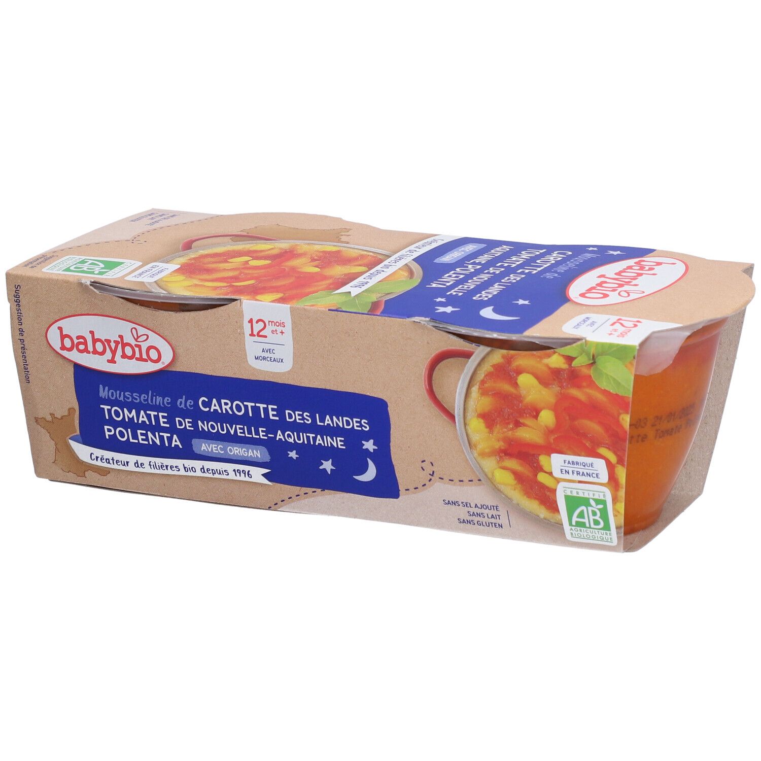 Verpackung mit Babybio-Mousse mit Karotten, Tomaten und Polenta. Der Becher ist teilweise sichtbar, mit Produktinformationen.