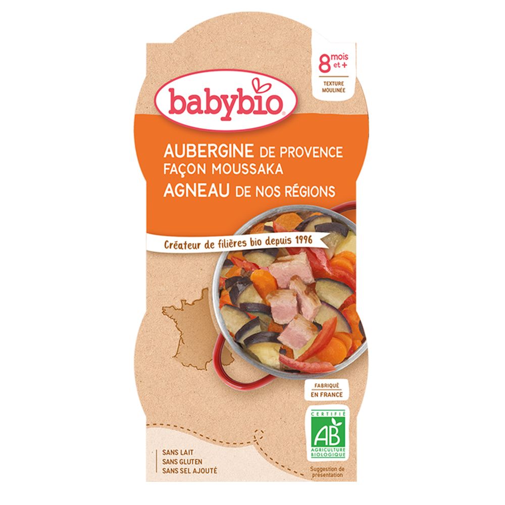 Babybio-Produkt. Aubergine de Provence, Lamm-Moussaka. Ab 8 Monaten. Bio-Siegel. Verpackung mit Produktabbildung und Text.