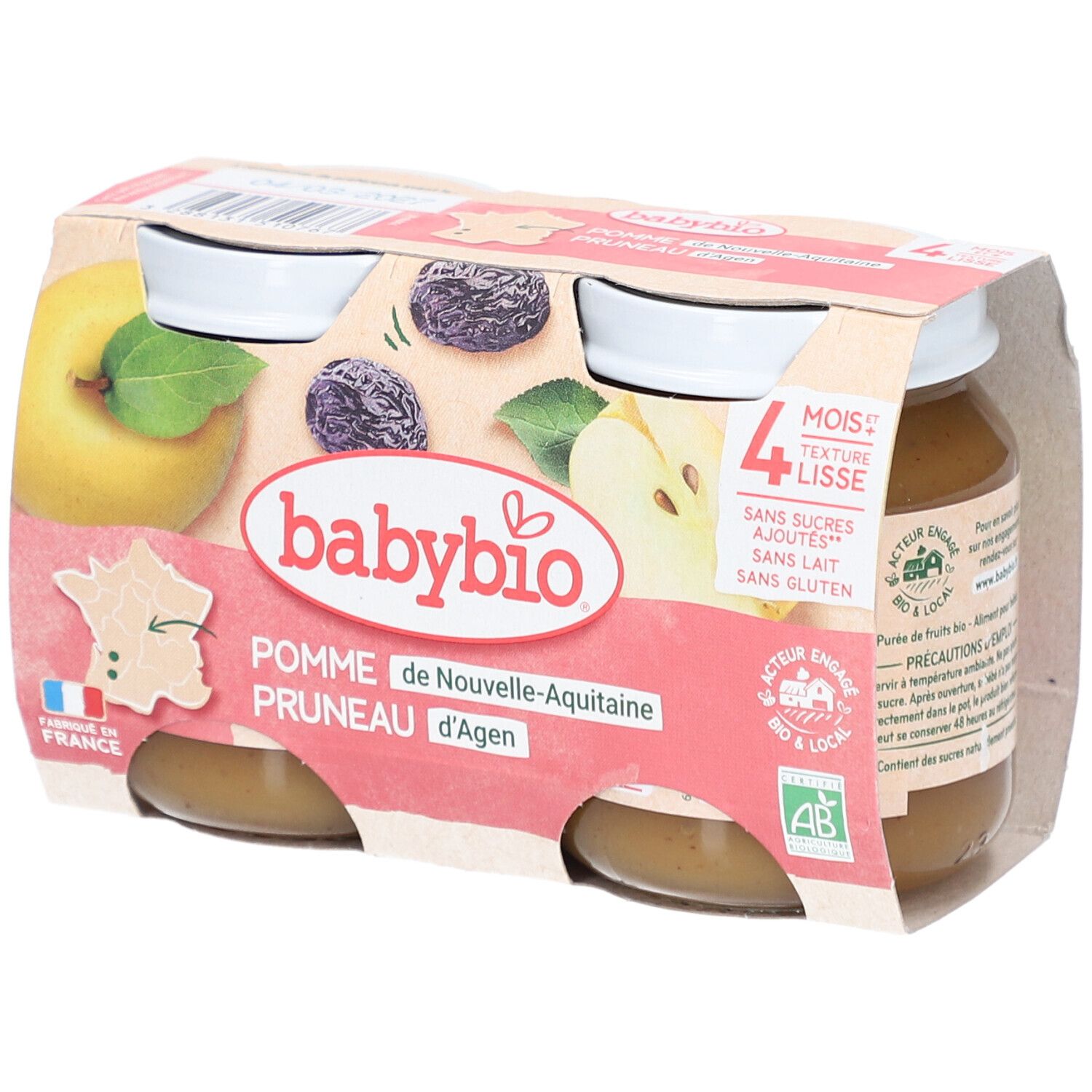 Packung mit vier Gläsern Babybio Pomme Pruneau. Aufdrucke: Apfel, Pflaume, 4 mois, sans sucres ajoutés, sans lait, sans gluten.