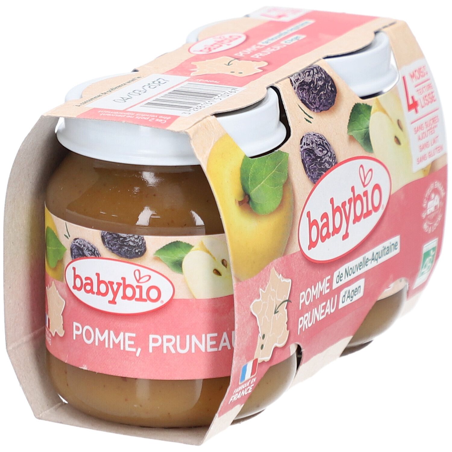 Packung mit vier Gläsern Babybio Pomme Pruneau. Aufdrucke: Apfel, Pflaume, 4 mois, sans sucres ajoutés, sans lait, sans gluten.