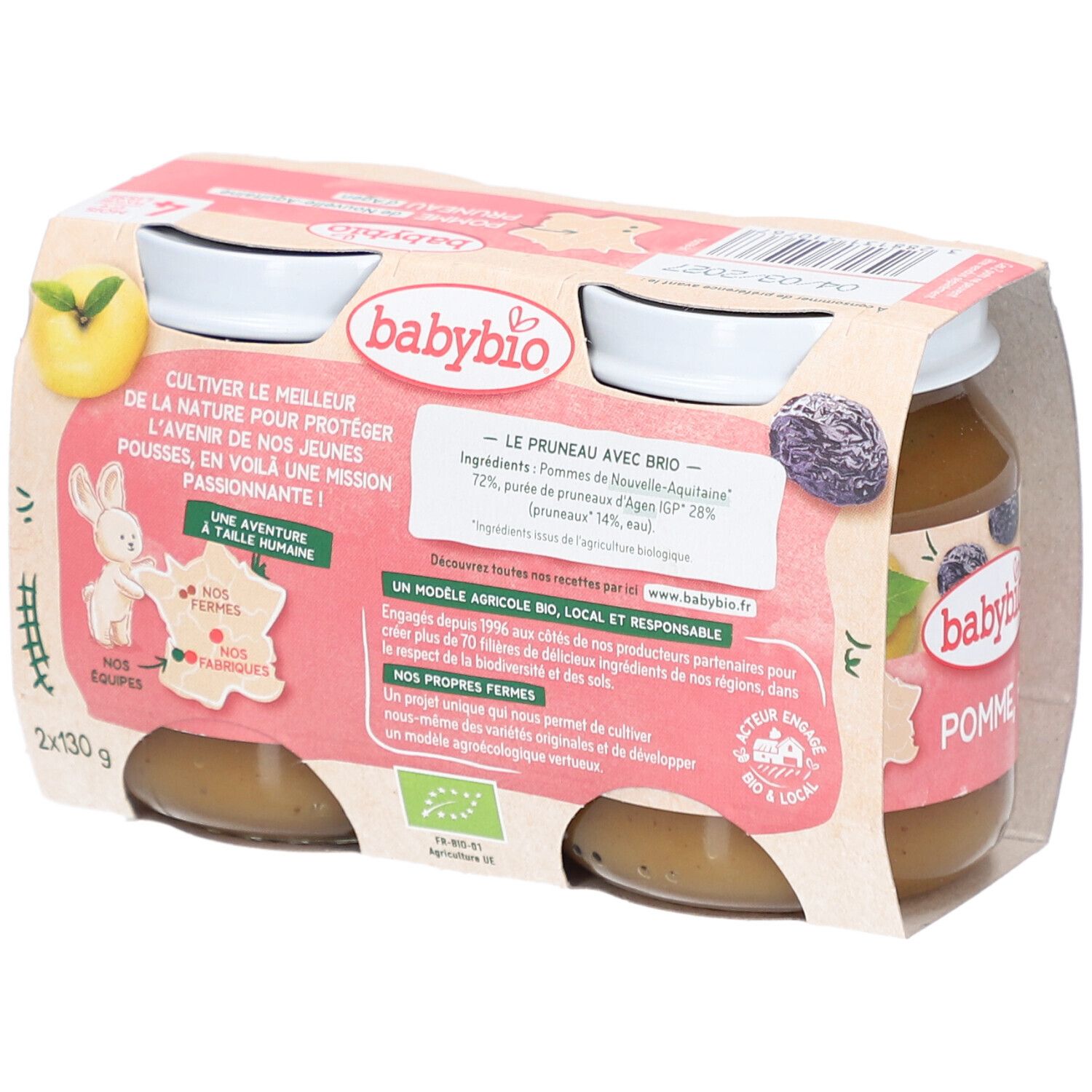 Rückseite der Packung mit zwei Gläsern Babybio Pomme Pruneau. Aufdrucke: Zutaten, Bio-Siegel, 2x130g.