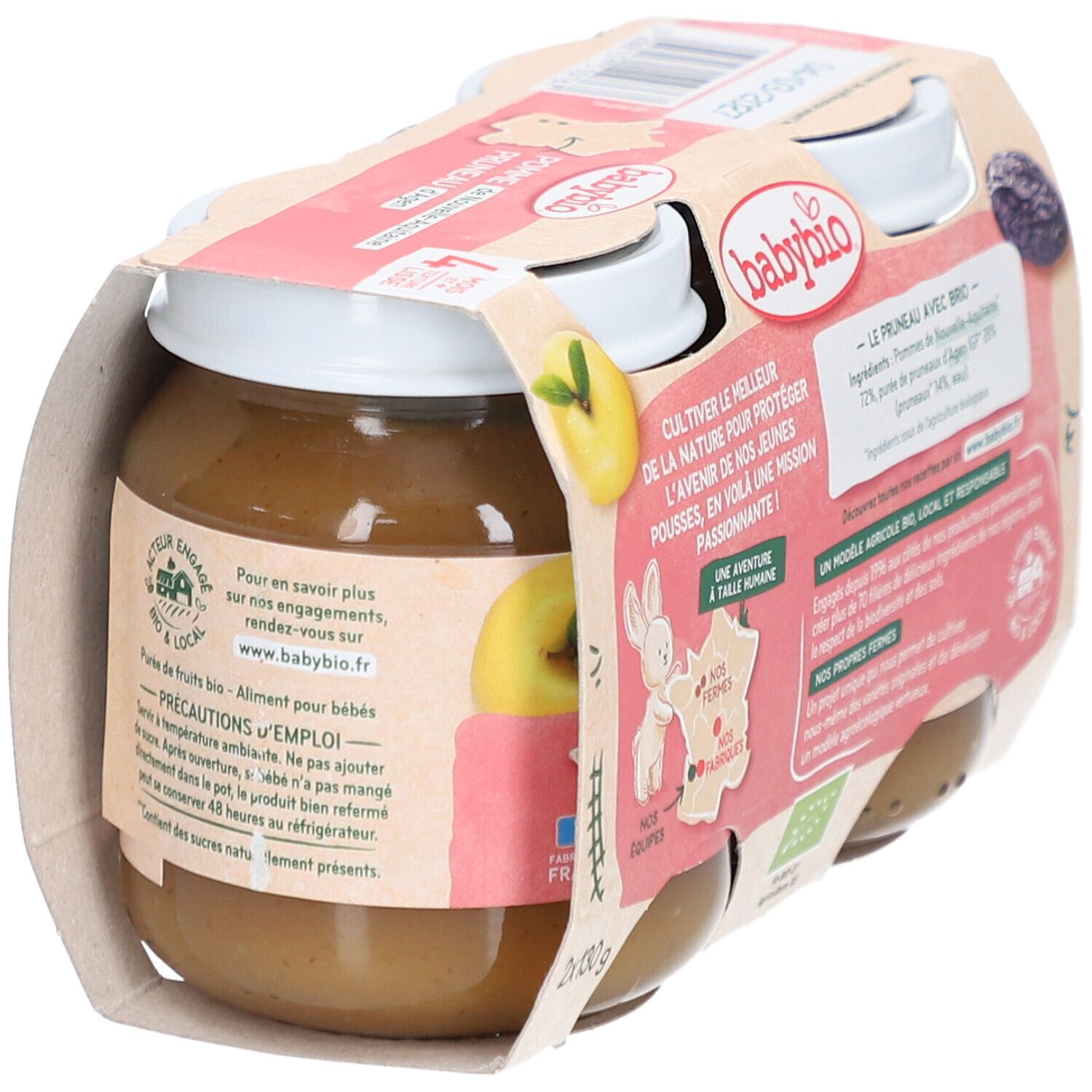 Rückseite der Packung mit vier Gläsern Babybio Pomme Pruneau. Aufdrucke: Zutaten, Bio-Siegel, 2x130g.