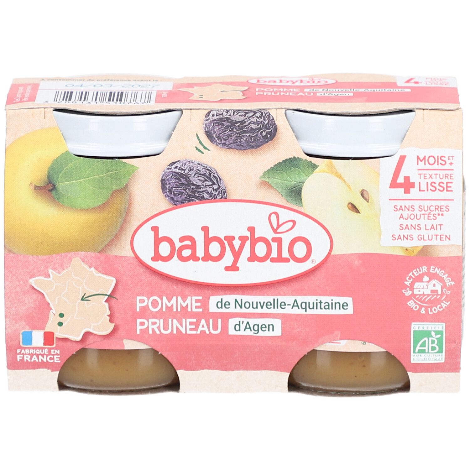 Packung mit vier Gläsern Babybio Pomme Pruneau. Aufdrucke: Apfel, Pflaume, 4 mois, sans sucres ajoutés, sans lait, sans gluten.