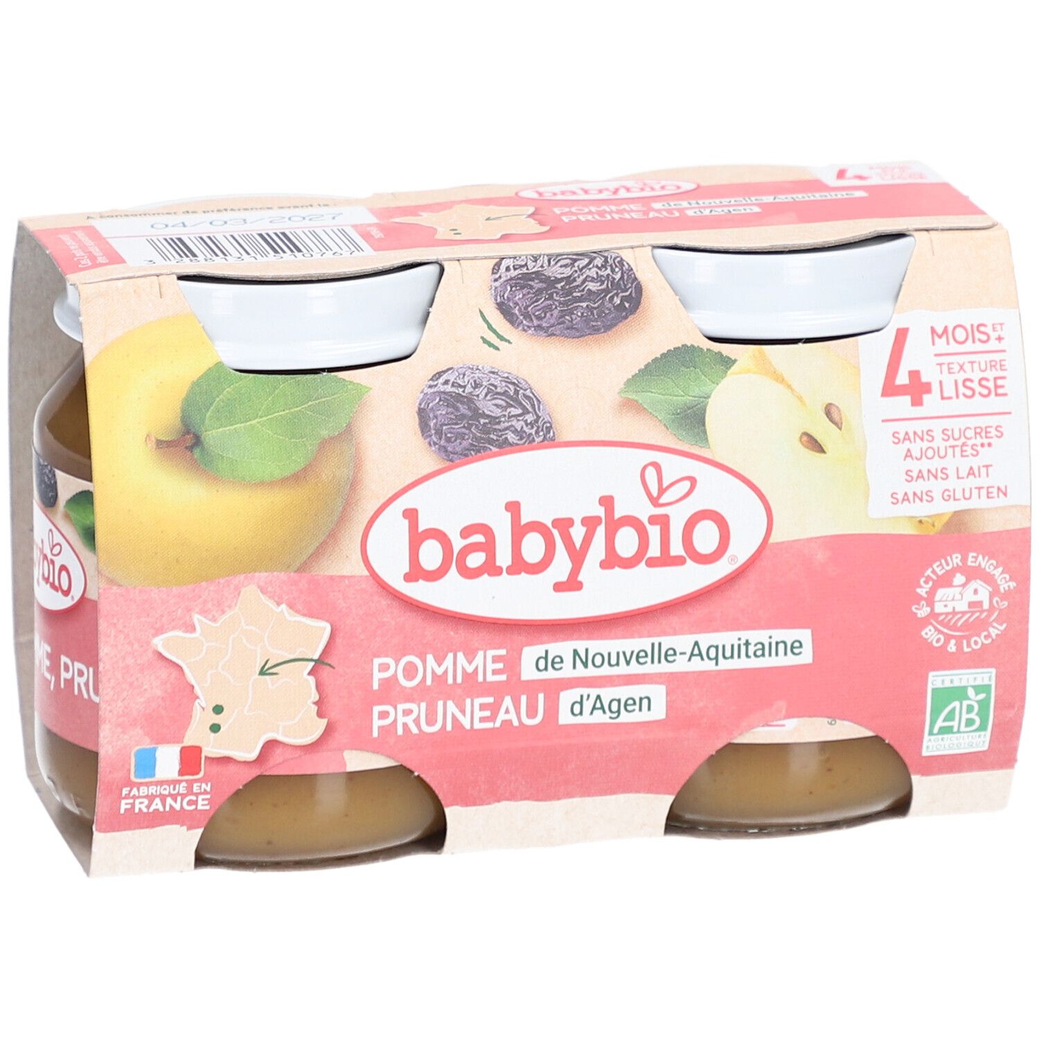 Packung mit vier Gläsern Babybio Pomme Pruneau. Aufdrucke: Apfel, Pflaume, 4 mois, sans sucres ajoutés, sans lait, sans gluten.