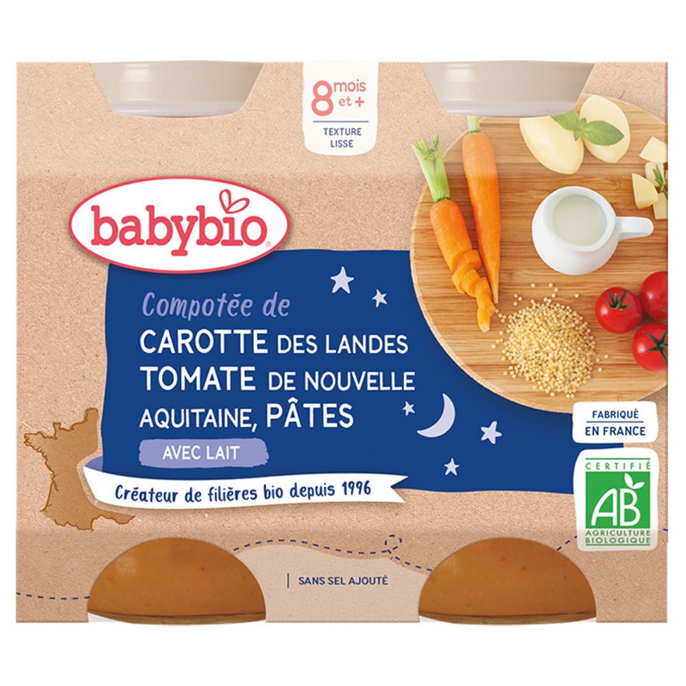 Babybio Karotten-Tomaten-Pasteten-Kompott mit Milch, 4x200g Packung.