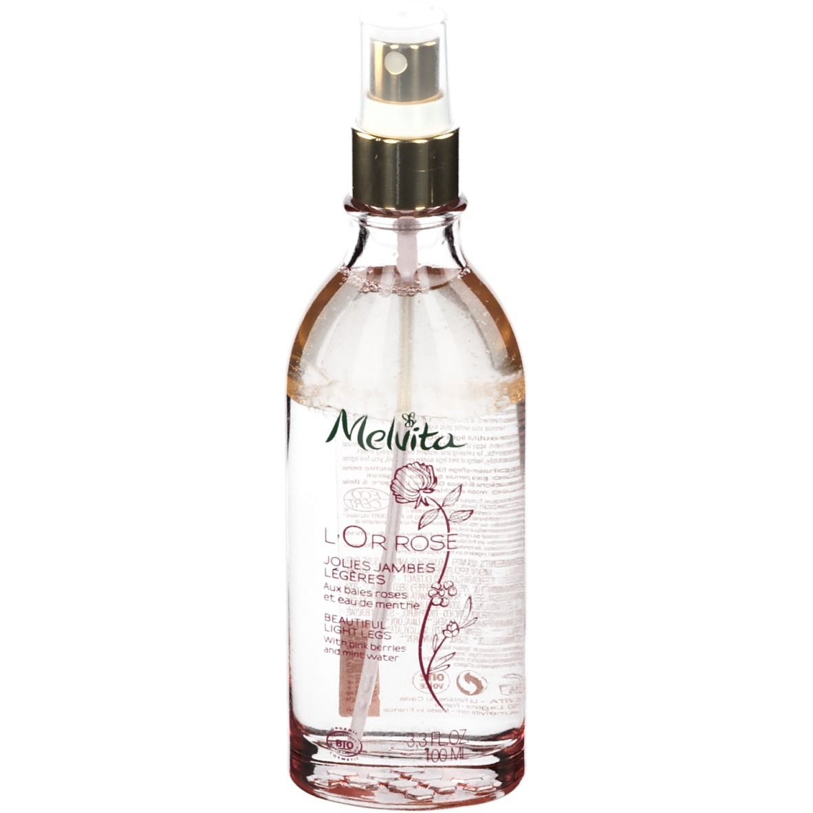 Melvita L'Or Rose Duo Bio. Transparente Flasche mit Sprühkopf. Etikett mit Text und Logo. Rose-Illustration.
