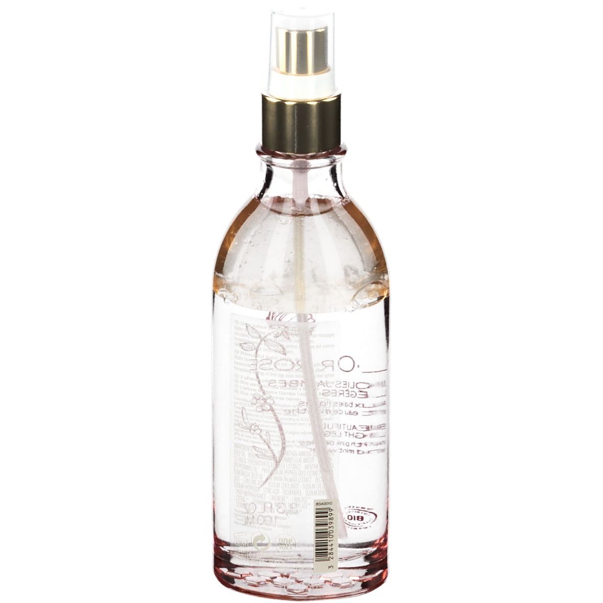 Melvita L'Or Rose Duo Bio. Transparente Flasche mit Sprühkopf. Etikett mit Text und Logo. Barcode.