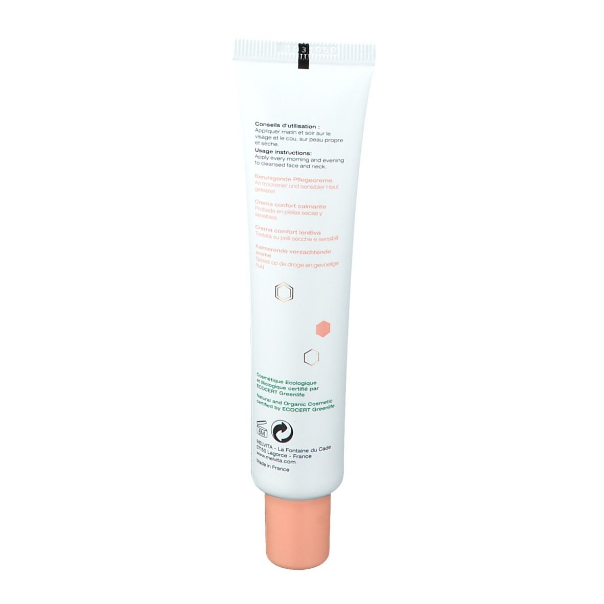 Dos du tube de crème. Texte multilingue. Logo Ecocert. Bouchon rose.