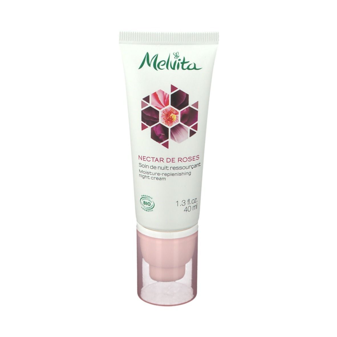 Weiße Tube mit rosa Verschluss. Aufschrift: Melvita, Nectar de Roses, Nachtcreme. Bio-Siegel.