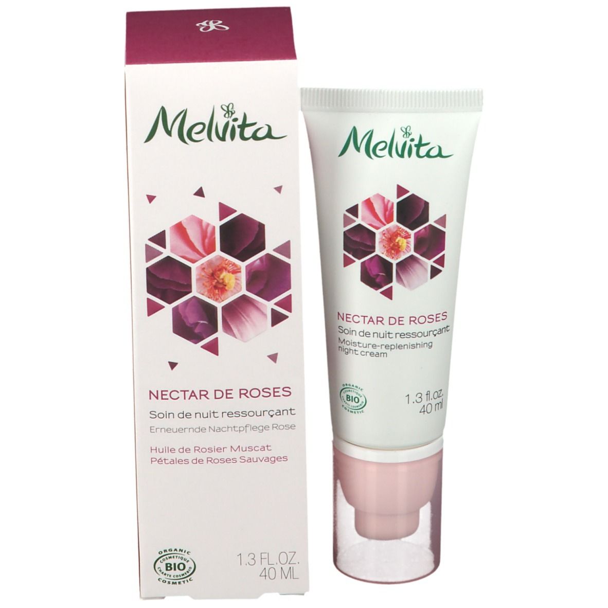 Produktverpackung. Tube und Schachtel. Aufschrift: Melvita, Nectar de Roses, Nachtcreme. Bio-Siegel.