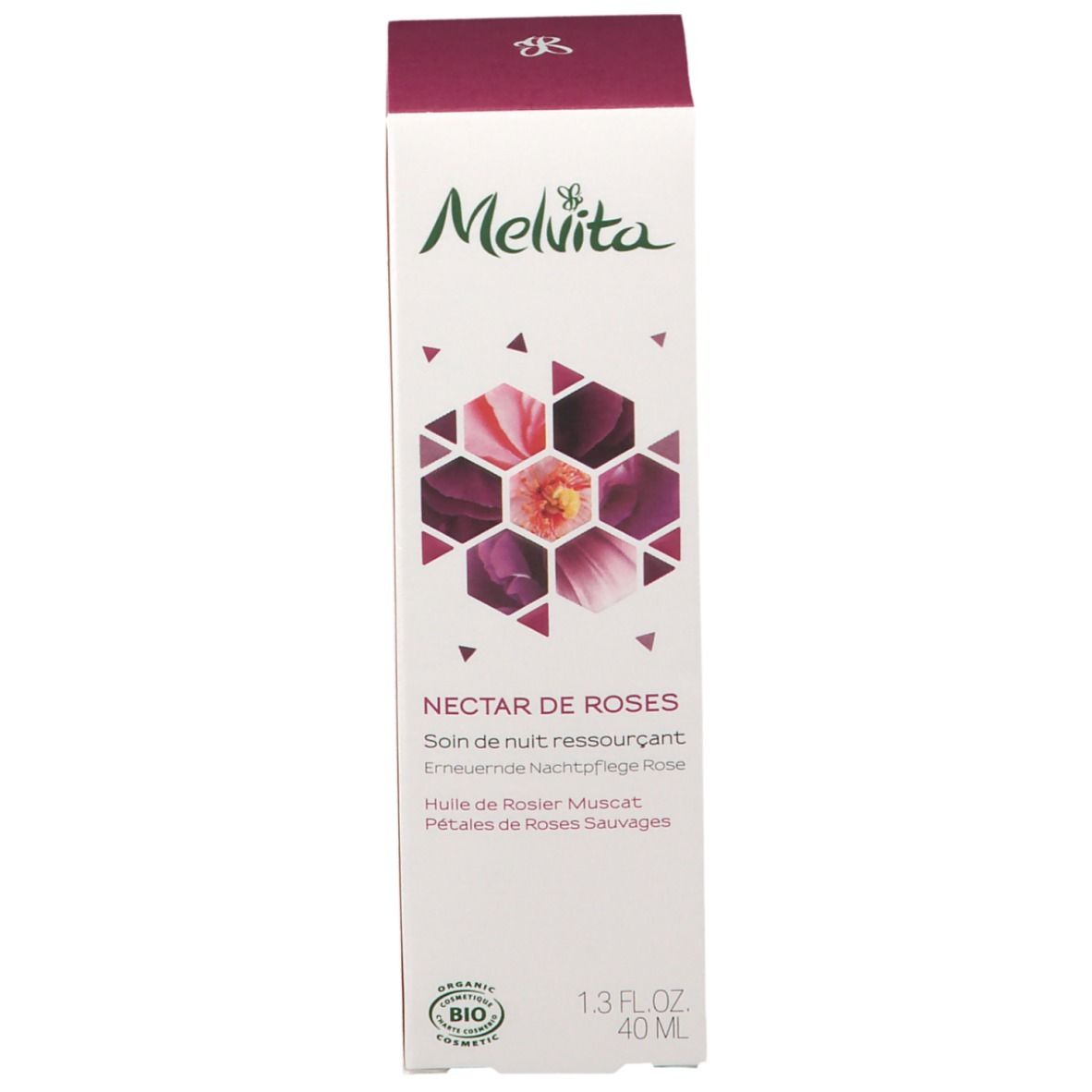 Schachtel mit Aufschrift: Melvita, Nectar de Roses, Nachtcreme. Bio-Siegel. Geometrisches Muster.