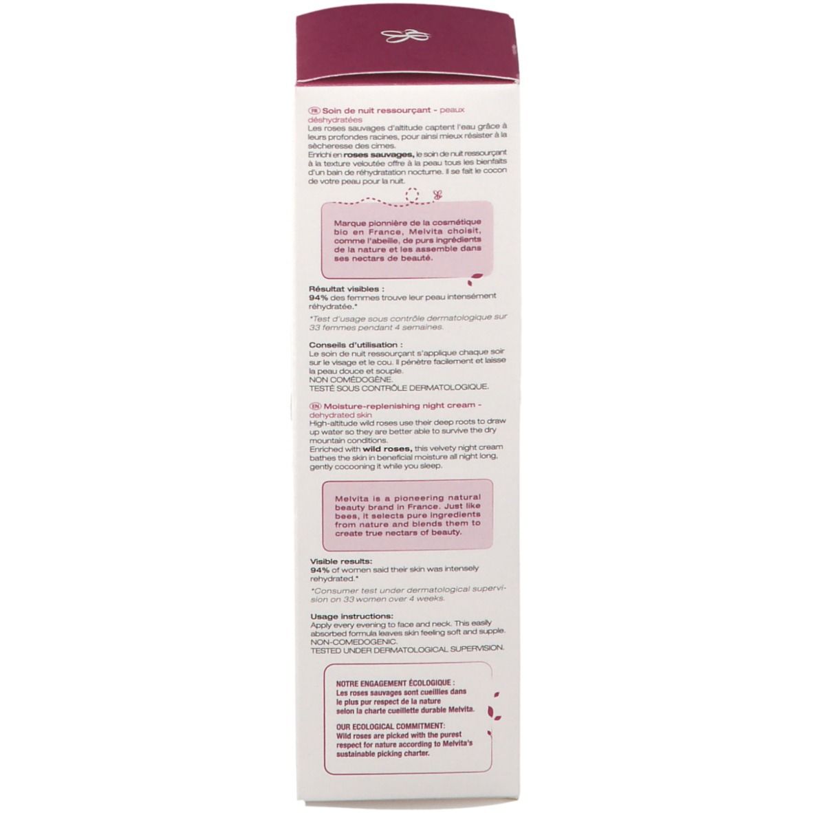 Rückseite der Schachtel. Text in mehreren Sprachen. ECOCERT-Siegel. Inhaltsstoffe. Nachhaltige Verpackung.