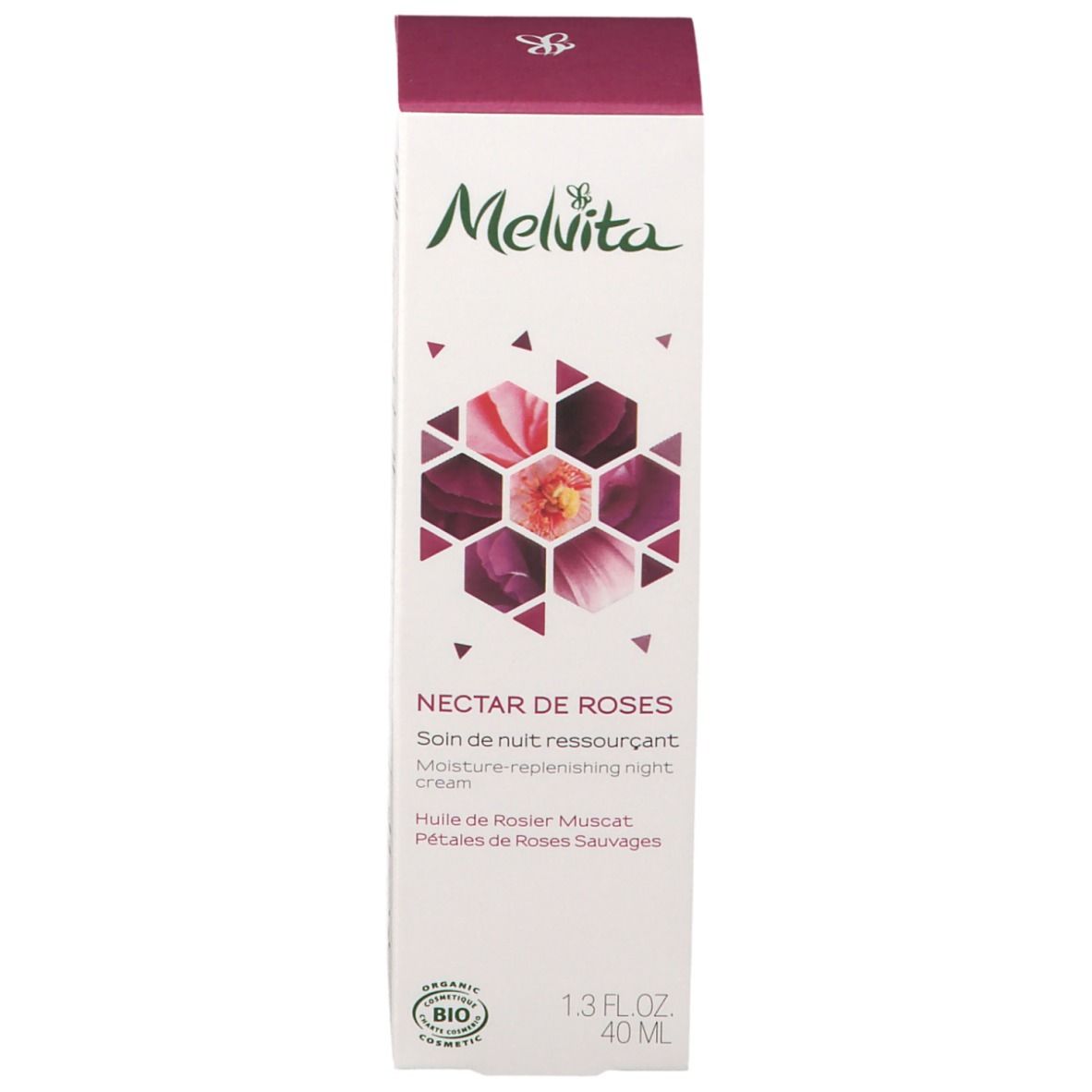 Schachtel mit Aufschrift: Melvita, Nectar de Roses, Nachtcreme. Bio-Siegel. Geometrisches Muster.