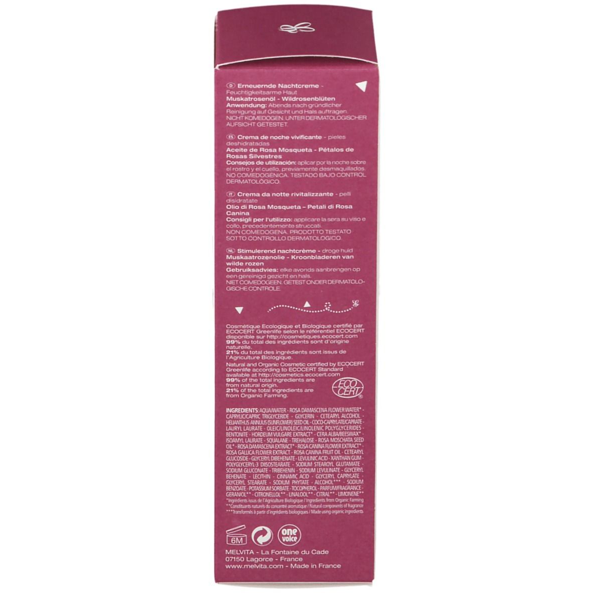 Rückseite der Schachtel. Text in mehreren Sprachen. ECOCERT-Siegel. Inhaltsstoffe. Nachhaltige Verpackung.