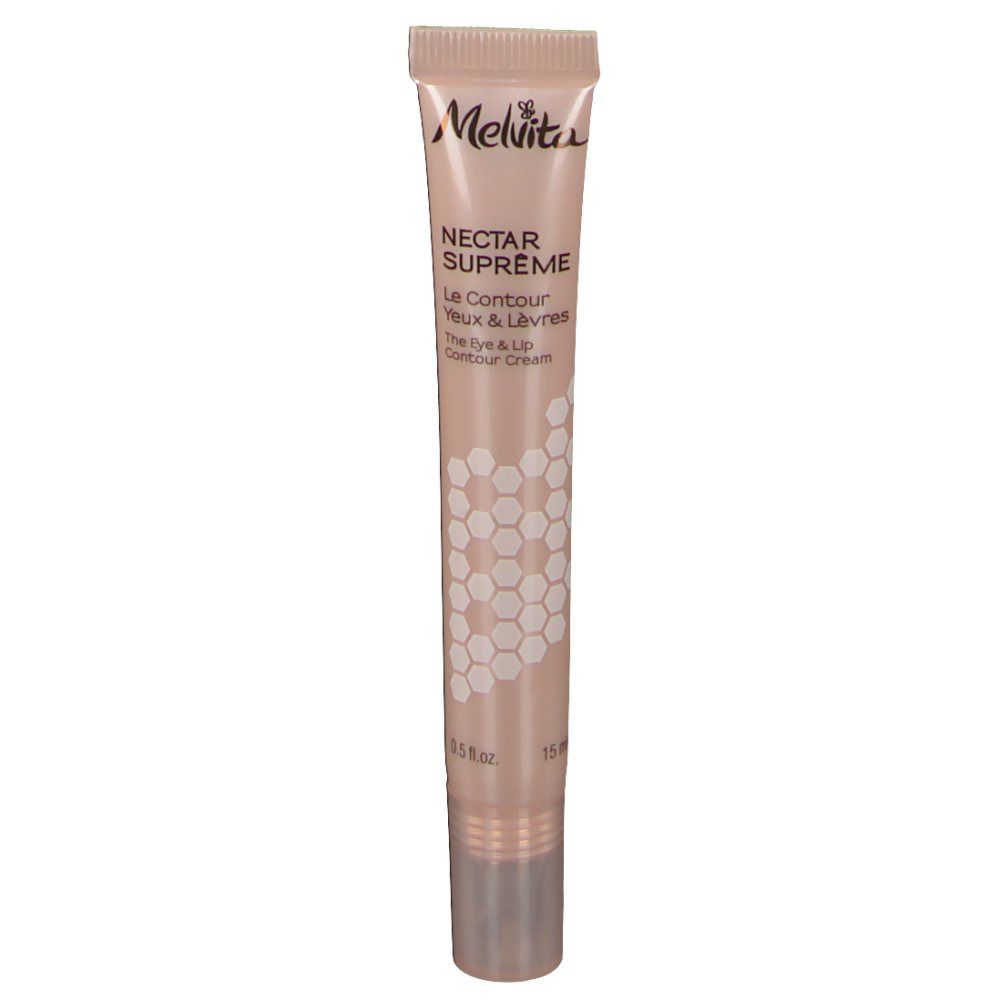 Tube de crème avec nom du produit et logo. Tube beige avec bouchon argenté. Inscription : Nectar Supreme, Le Contour Yeux & Lèvres.