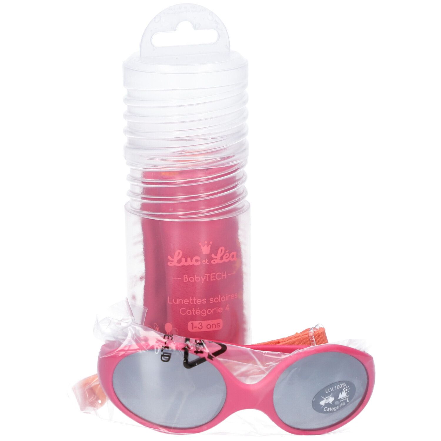 Rosa Baby-Sonnenbrille mit grauen Gläsern, in transparenter Verpackung. Kategorie 4, 1-3 Jahre. Mit Etui.