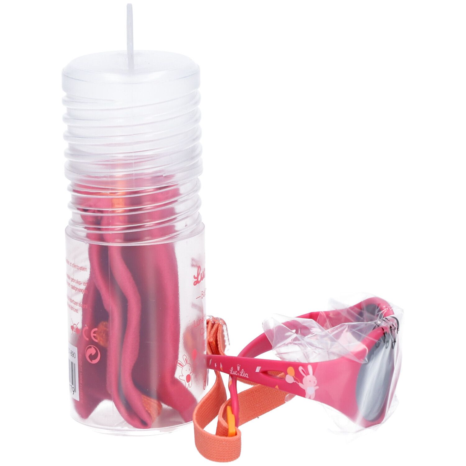 Rosa Baby-Sonnenbrille mit Band, in transparenter Verpackung. Mit Etui. Aufgedrucktes Logo und Text.