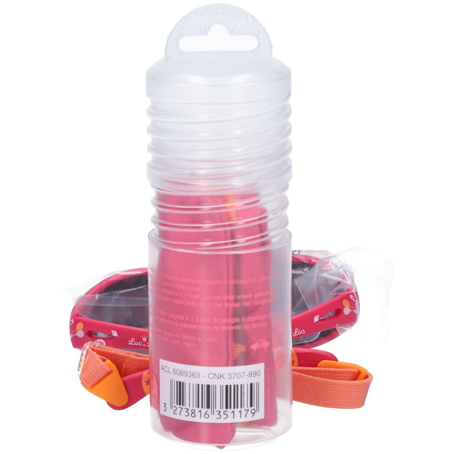 Rosa Baby-Sonnenbrille mit Band, in transparenter Verpackung. Mit Etui. Aufgedrucktes Logo und Text.