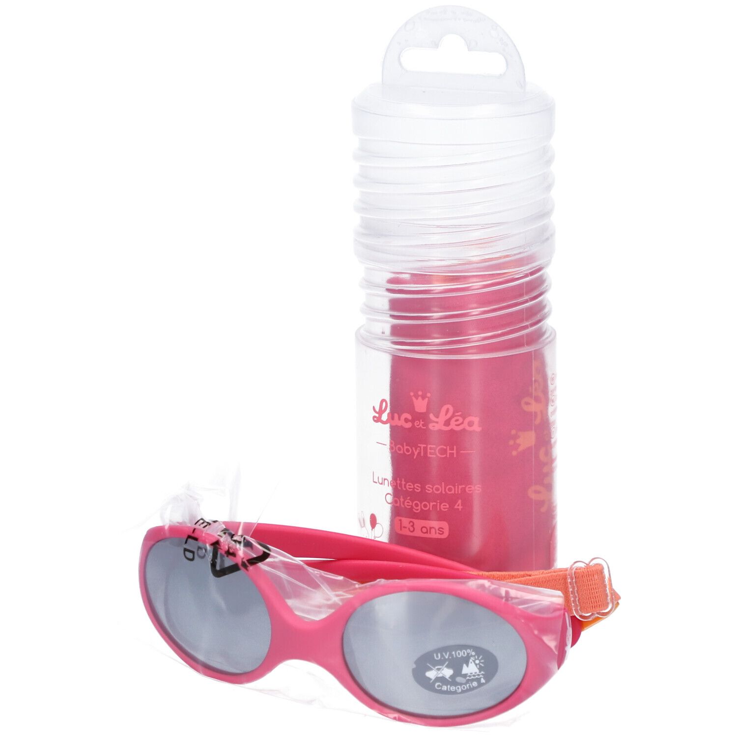 Rosa Baby-Sonnenbrille mit Band, in transparenter Verpackung. Mit Etui. Aufgedrucktes Logo und Text.