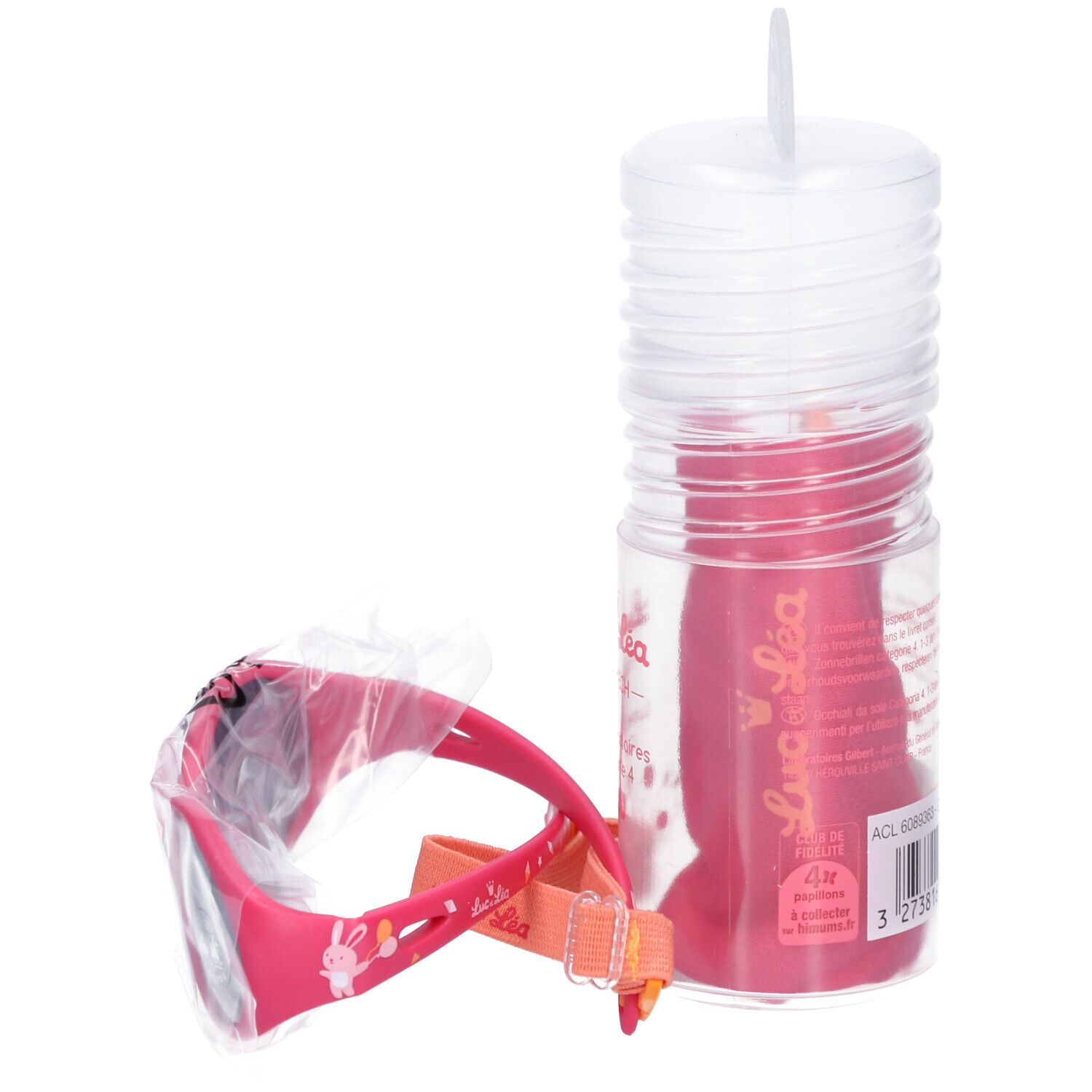 Rosa Baby-Sonnenbrille mit Band, in transparenter Verpackung. Mit Etui. Aufgedrucktes Logo und Text.