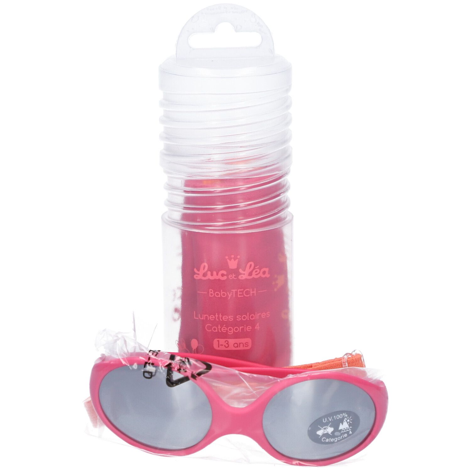 Rosa Baby-Sonnenbrille mit grauen Gläsern, in transparenter Verpackung. Kategorie 4, 1-3 Jahre. Mit Etui.