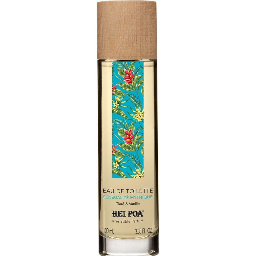 HEI POA Eau de Toilette. Flakon mit Holzverschluss. Aufschrift: Sensualité Mythique, Tiaré & Vanille. 100 ml.