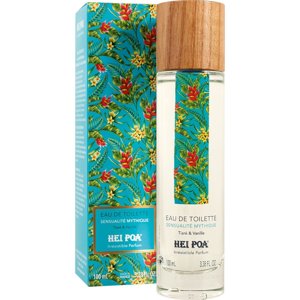 HEI POA Eau de Toilette und Verpackung. Aufschrift: Sensualité Mythique, Tiaré & Vanille. 100 ml. Verpackung mit Blumenmuster.