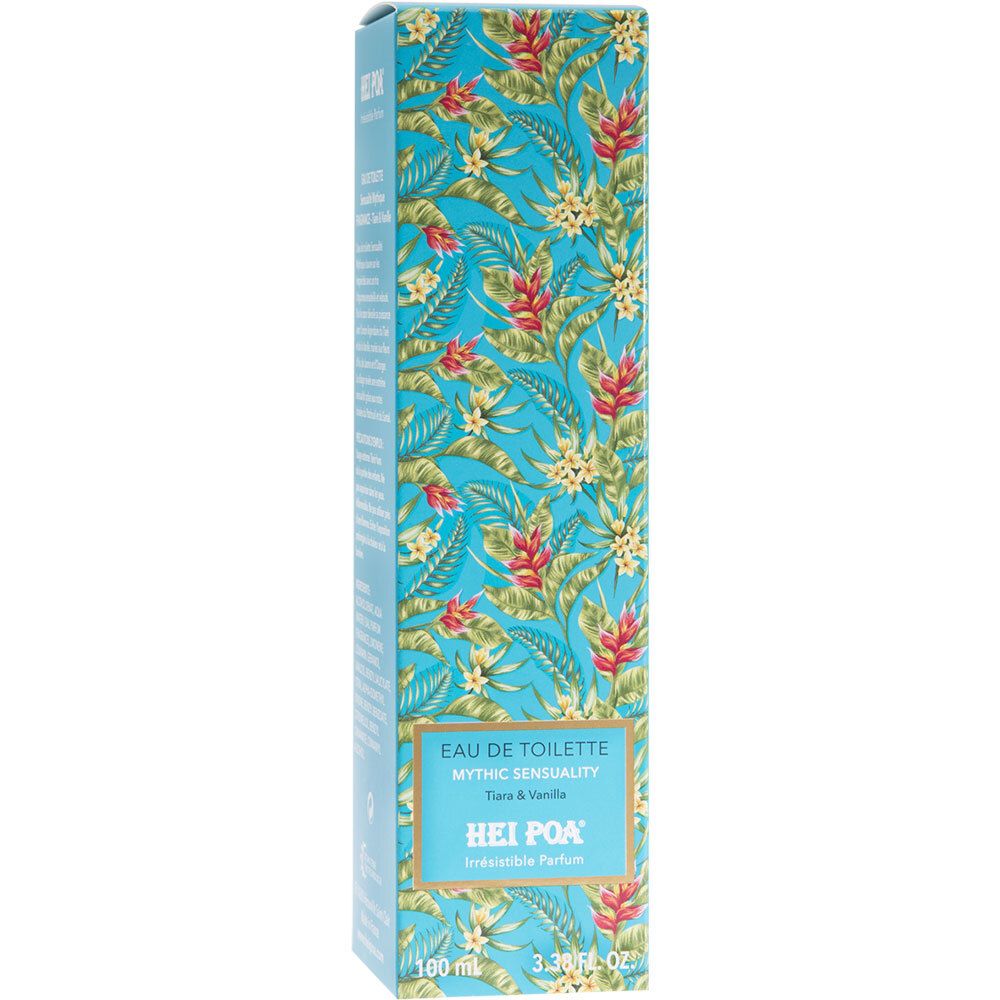 Verpackung der HEI POA Eau de Toilette. Aufschrift: Sensualité Mythique, Tiaré & Vanille. Blumenmuster. 100 ml.
