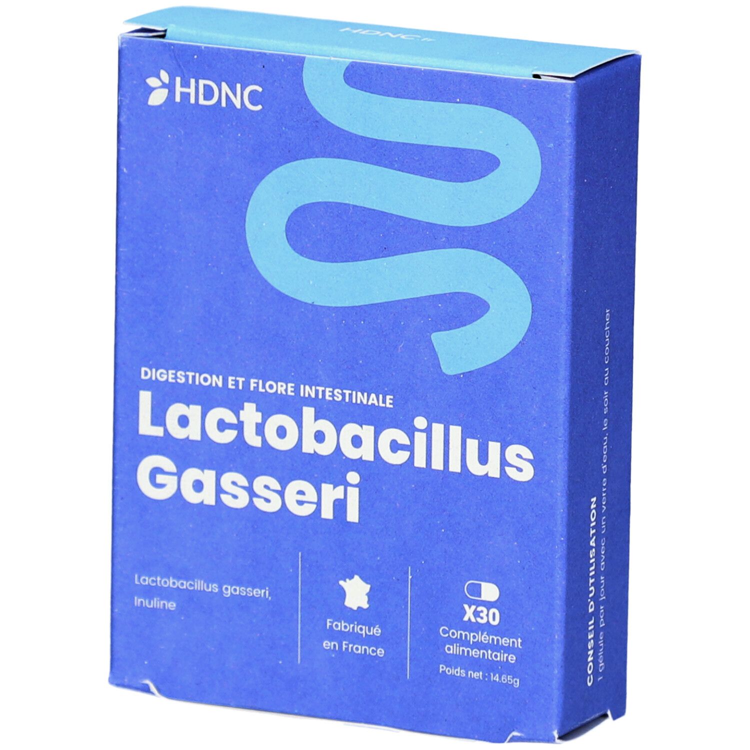 Blaue Schachtel mit HDNC-Logo und Text. Enthält Lactobacillus Gasseri und Inulin. X30 Kapseln. Hergestellt in Frankreich.