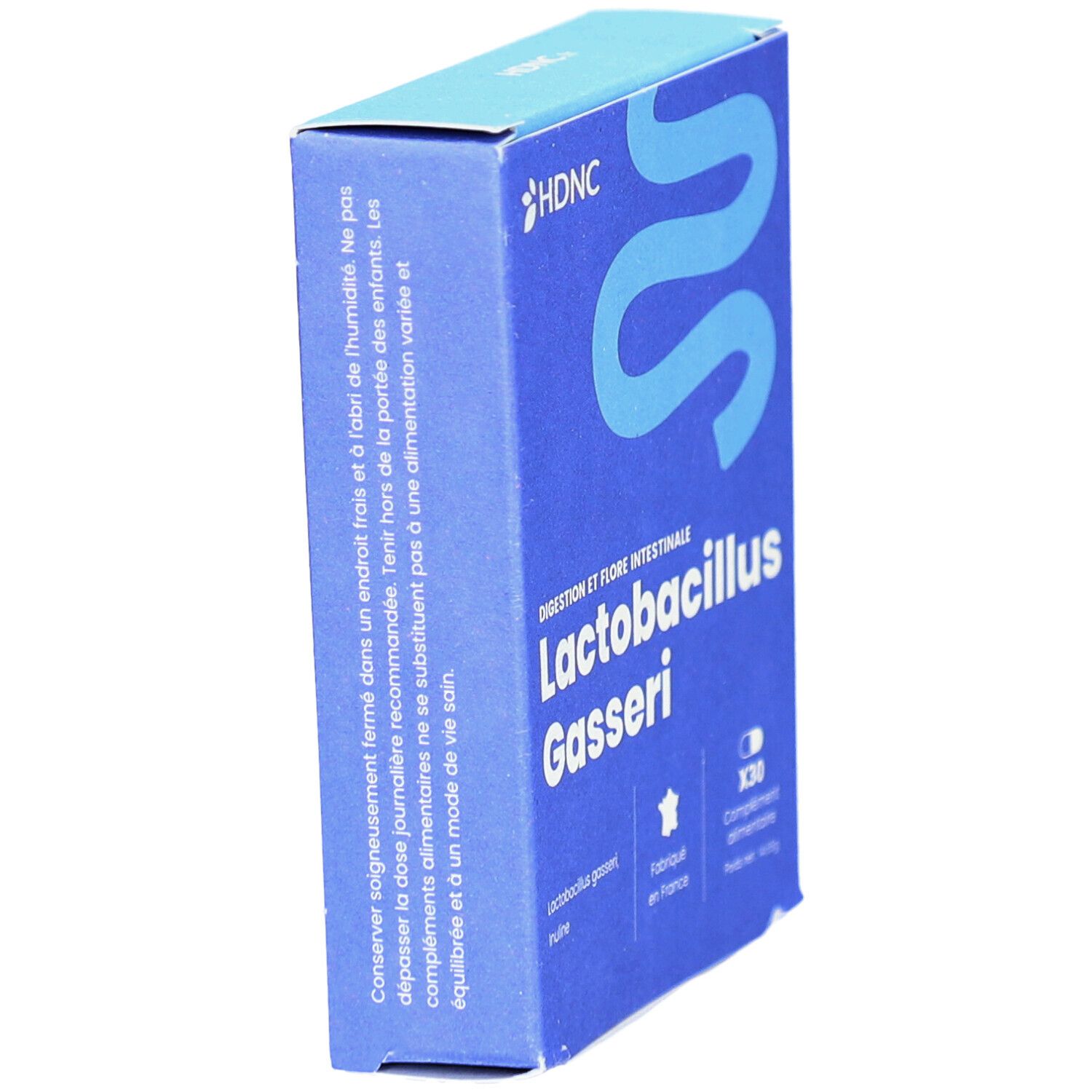 Blaue Schachtel, HDNC-Logo. Enthält Lactobacillus Gasseri. Text: X30, Fabriqué en France. Für die Verdauung und Darmflora.