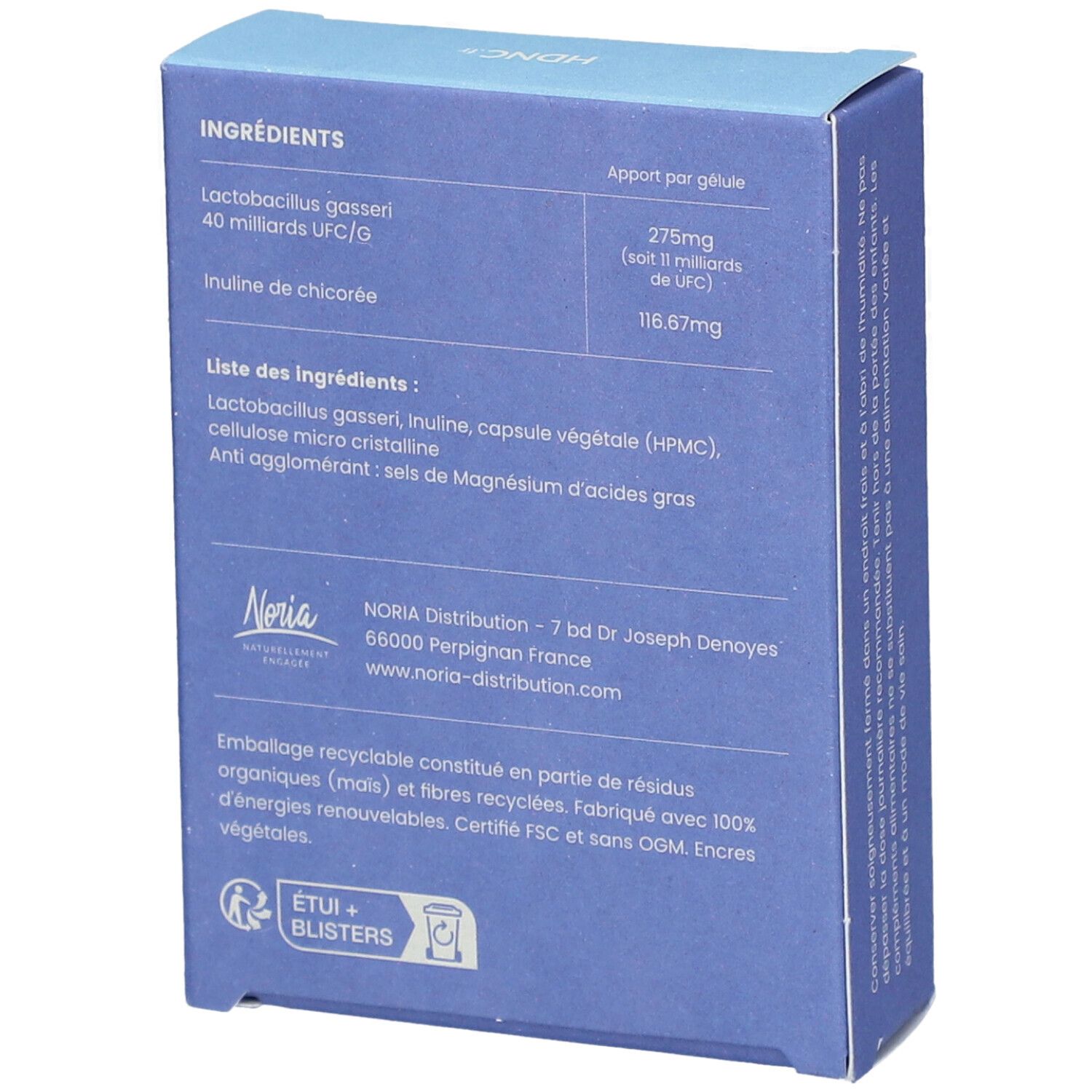 Rückseite der blauen Schachtel. Enthält Inhaltsstoffe: Lactobacillus Gasseri, Inulin. Herstellerinformationen und Recycling-Logo.