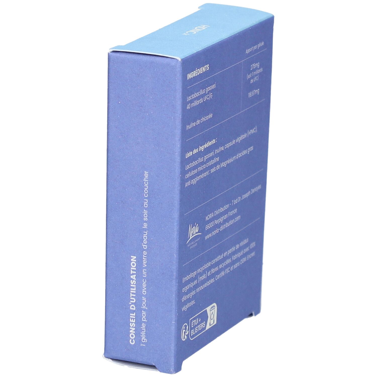 Blaue Schachtel, Seitenansicht. Enthält Inhaltsstoffe und Anwendungshinweise. Herstellerinformationen.