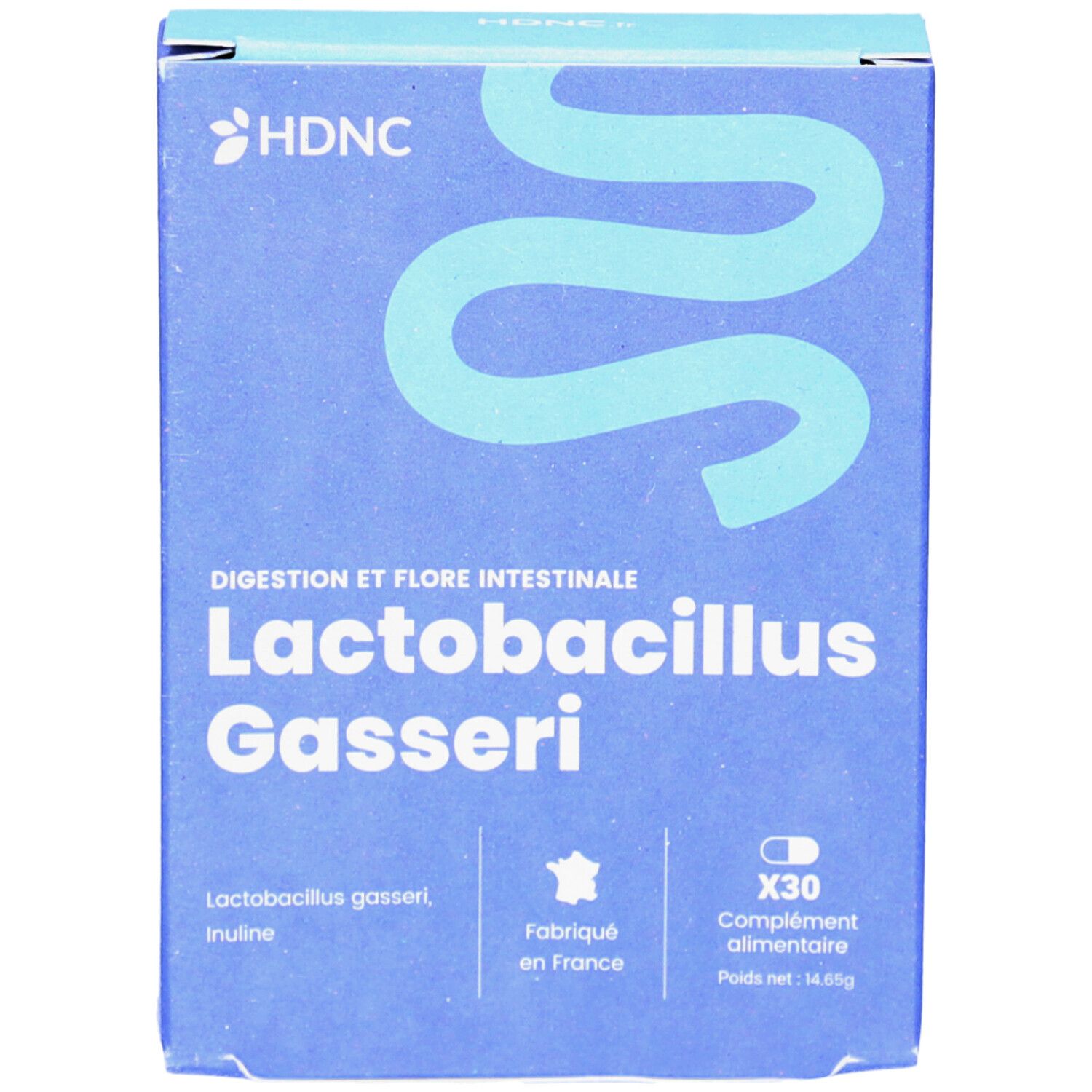 Blaue Schachtel mit HDNC-Logo. Enthält Lactobacillus Gasseri und Inulin. X30 Kapseln. Hergestellt in Frankreich.